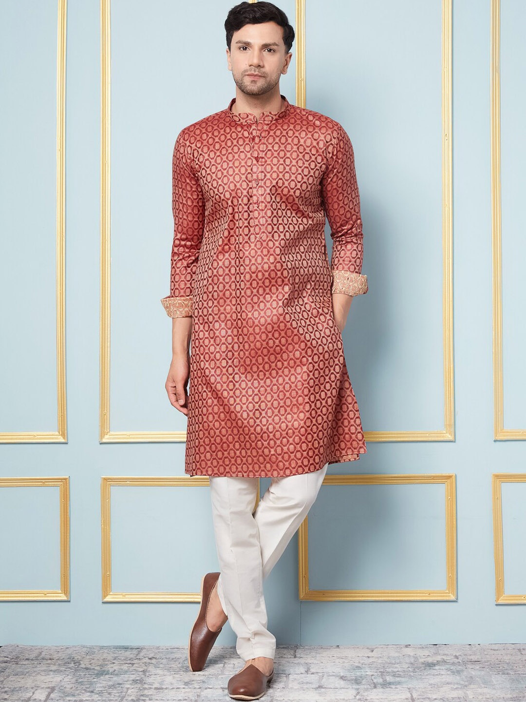 See Designs Geometric Woven Design Mandarin Collar Straight Kurta with Pyjamas, Maroon
See Designs Geometric Woven Design Mandarin Collar Straight Kurta with Pyjamas, Maroon