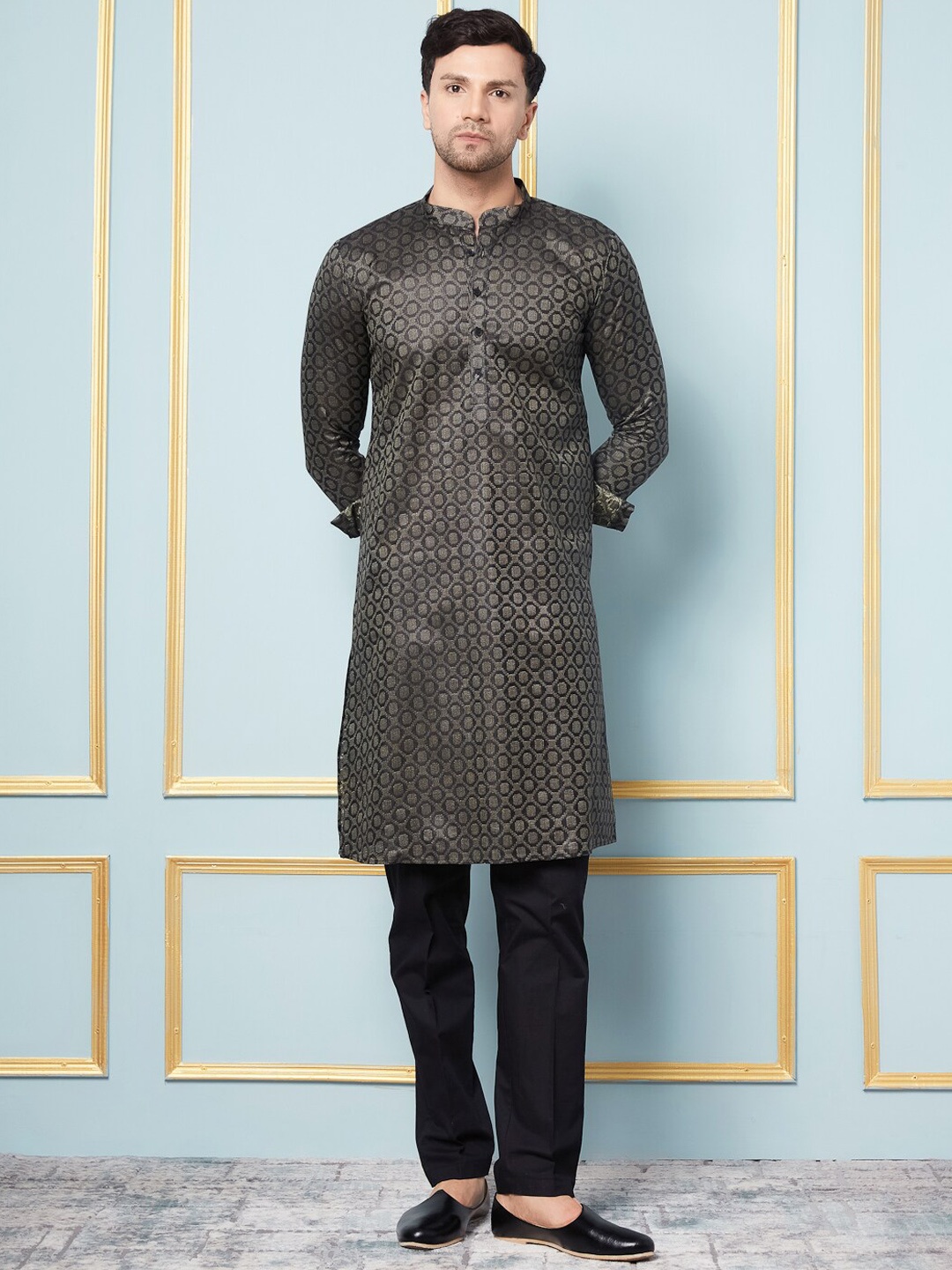 See Designs Geometric Woven Design Mandarin Collar Straight Kurta with Pyjamas, Black
See Designs Geometric Woven Design Mandarin Collar Straight Kurta with Pyjamas, Black