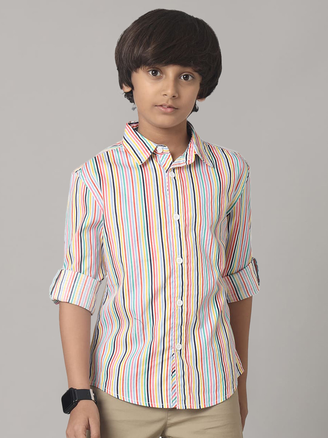 UNDER FOURTEEN ONLY Boys Striped Roll Up Sleeves Cotton Casual Shirt, White 
UNDER FOURTEEN ONLY Boys Striped Roll Up Sleeves Cotton Casual Shirt, White