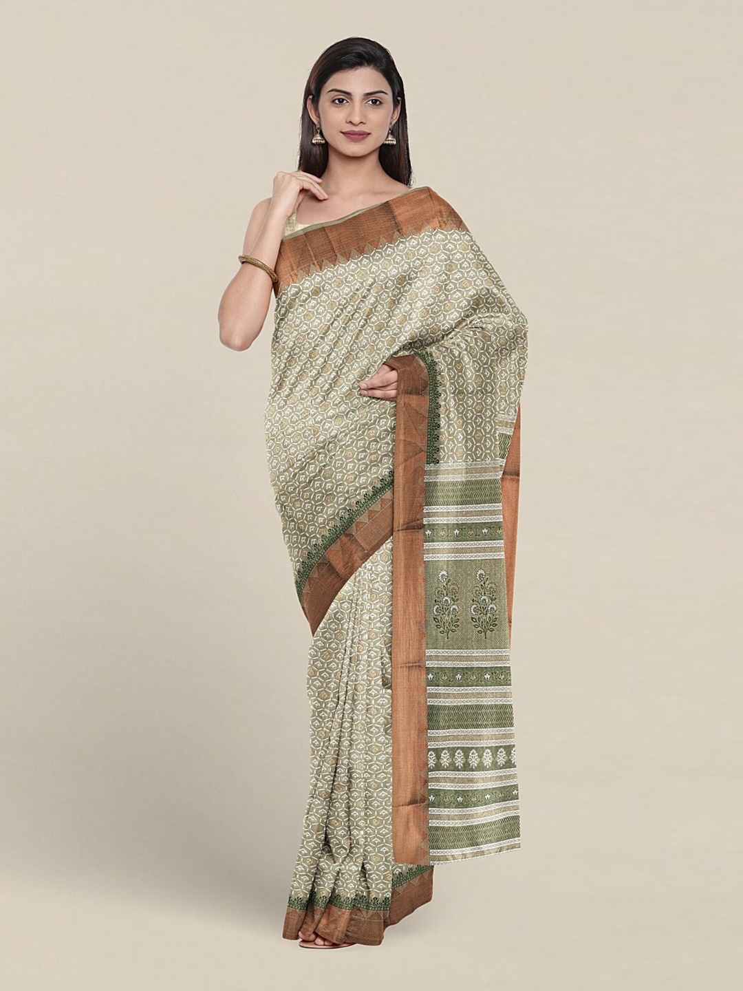 Pothys Geometric Printed Pure Cotton Saree, Green