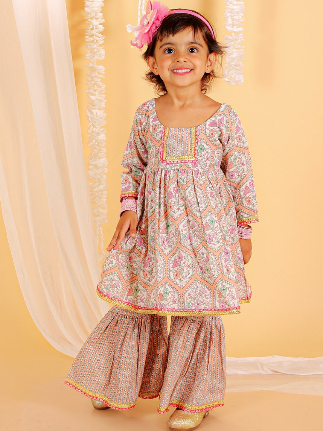 The Mom Store Girls Floral Printed Thread Work Pure Cotton Kurta with Sharara, Peach
The Mom Store Girls Floral Printed Thread Work Pure Cotton Kurta with Sharara, Peach