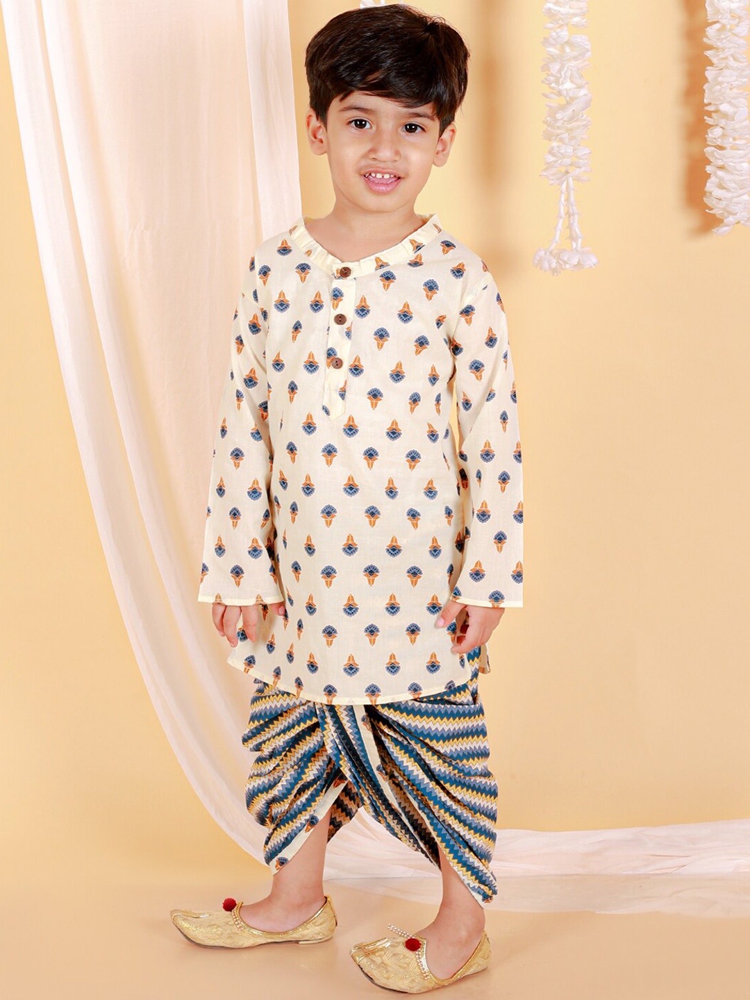 The Mom Store Boys Band Collar Floral Printed Regular Pure Cotton Kurta With Dhoti, Cream
The Mom Store Boys Band Collar Floral Printed Regular Pure Cotton Kurta With Dhoti, Cream
