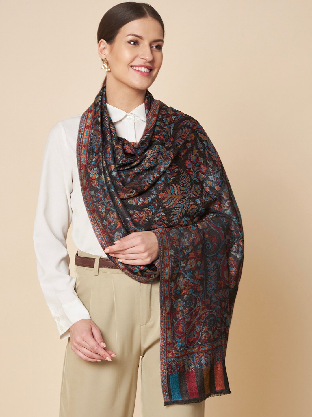 Pashtush Women Floral Woven Design Stole, Black