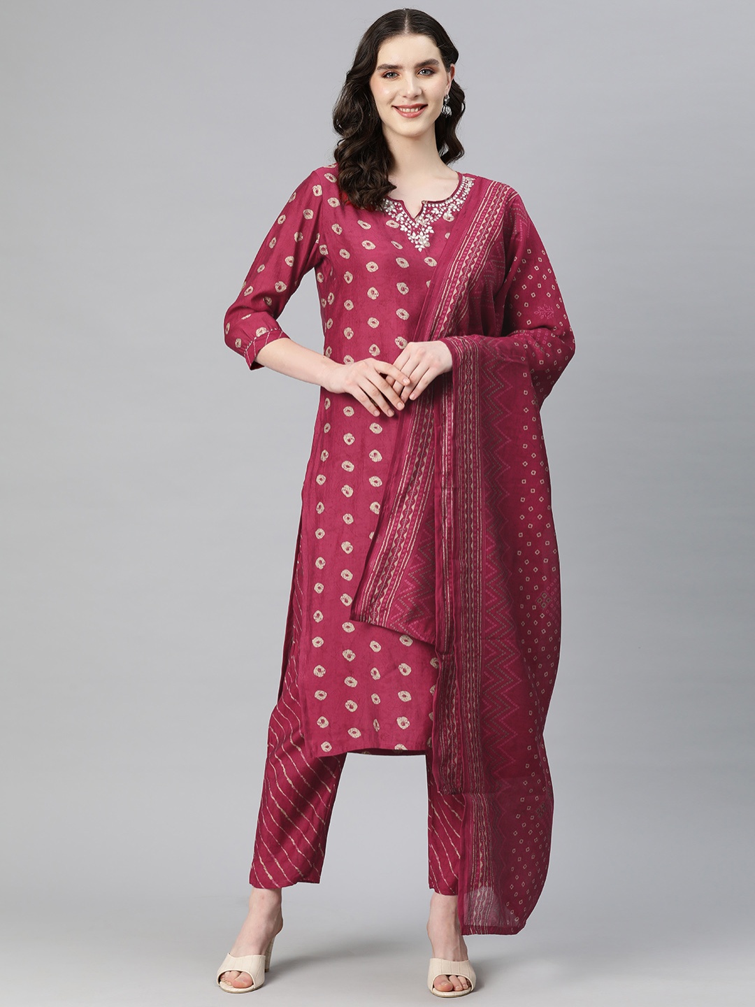 Readiprint Fashions Women Printed Thread Work Pure Silk Kurta with Trousers & With Dupatta, Pink
Readiprint Fashions Women Printed Thread Work Pure Silk Kurta with Trousers & With Dupatta, Pink