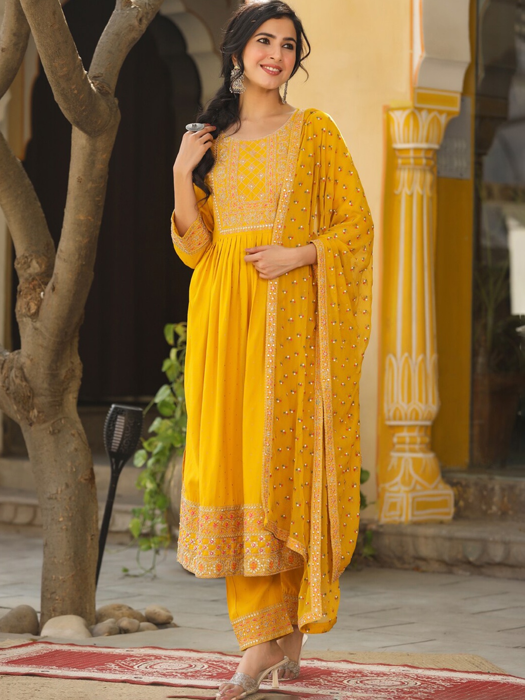 Prakhya Self Designed Thread Work Detailed A-Line Kurta & Trousers with Dupatta, Yellow
Prakhya Self Designed Thread Work Detailed A-Line Kurta & Trousers with Dupatta, Yellow