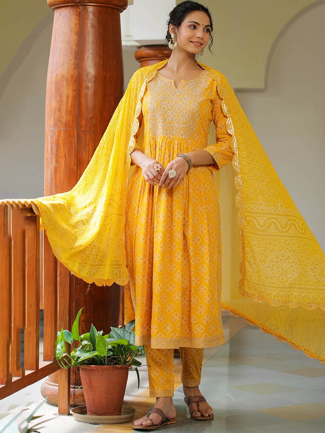 Prakhya Bandhani Printed Thread Work Detailed A-Line Kurta & Trousers with Dupatta, Yellow
Prakhya Bandhani Printed Thread Work Detailed A-Line Kurta & Trousers with Dupatta, Yellow