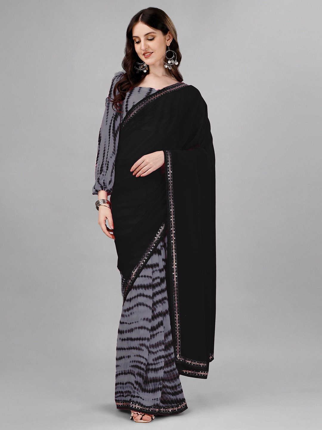 B4ME.COM Tie and Dye Printed Sequinned Pure Georgette Half and Half Leheriya Saree, Grey
B4ME.COM Tie and Dye Printed Sequinned Pure Georgette Half and Half Leheriya Saree, Grey