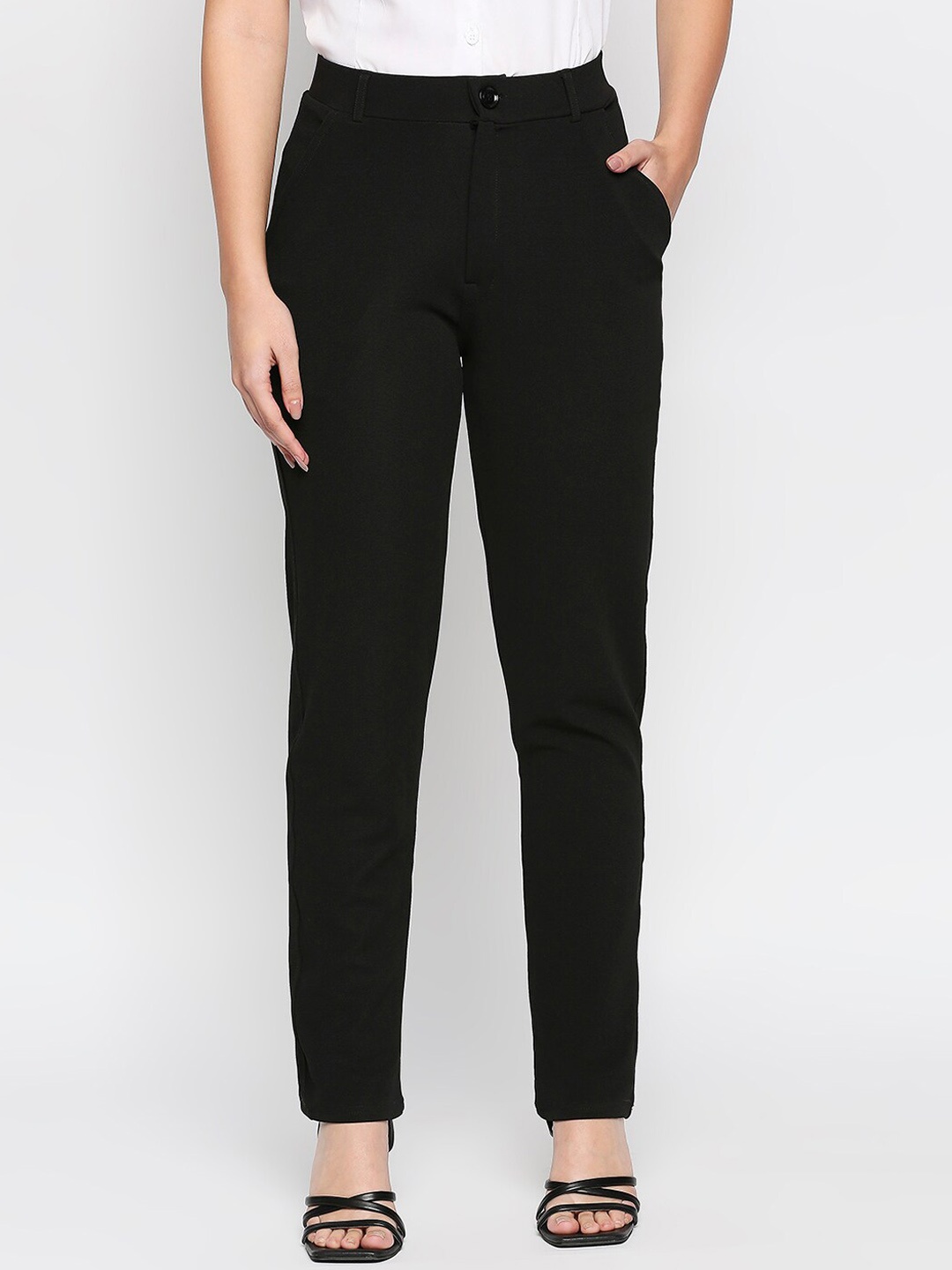 Smarty Pants Women Comfort Straight Fit Lint Free Cotton Formal Trousers, Black