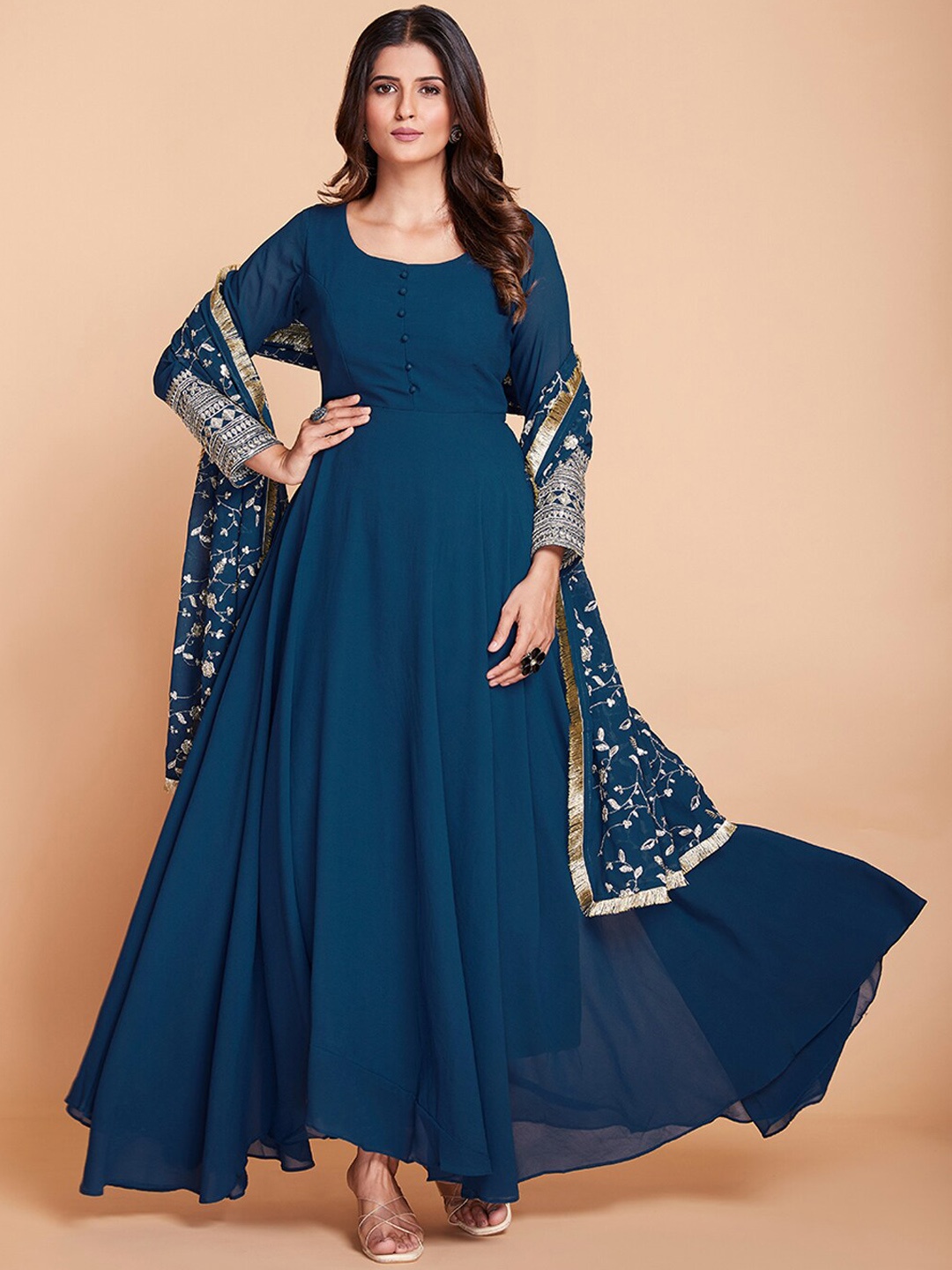 Fusionic Embroidered Border Georgette Anarkali Kurta With Churidar & Embroidered Dupatta, Teal
Fusionic Embroidered Border Georgette Anarkali Kurta With Churidar & Embroidered Dupatta, Teal