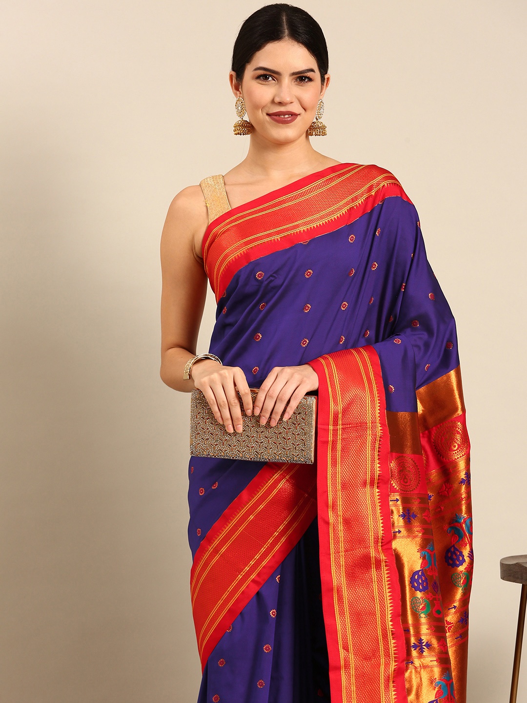 Varkala Silk Sarees Ethnic Motifs Zari Silk Blend Handloom Paithani Saree, Blue
Varkala Silk Sarees Ethnic Motifs Zari Silk Blend Handloom Paithani Saree, Blue