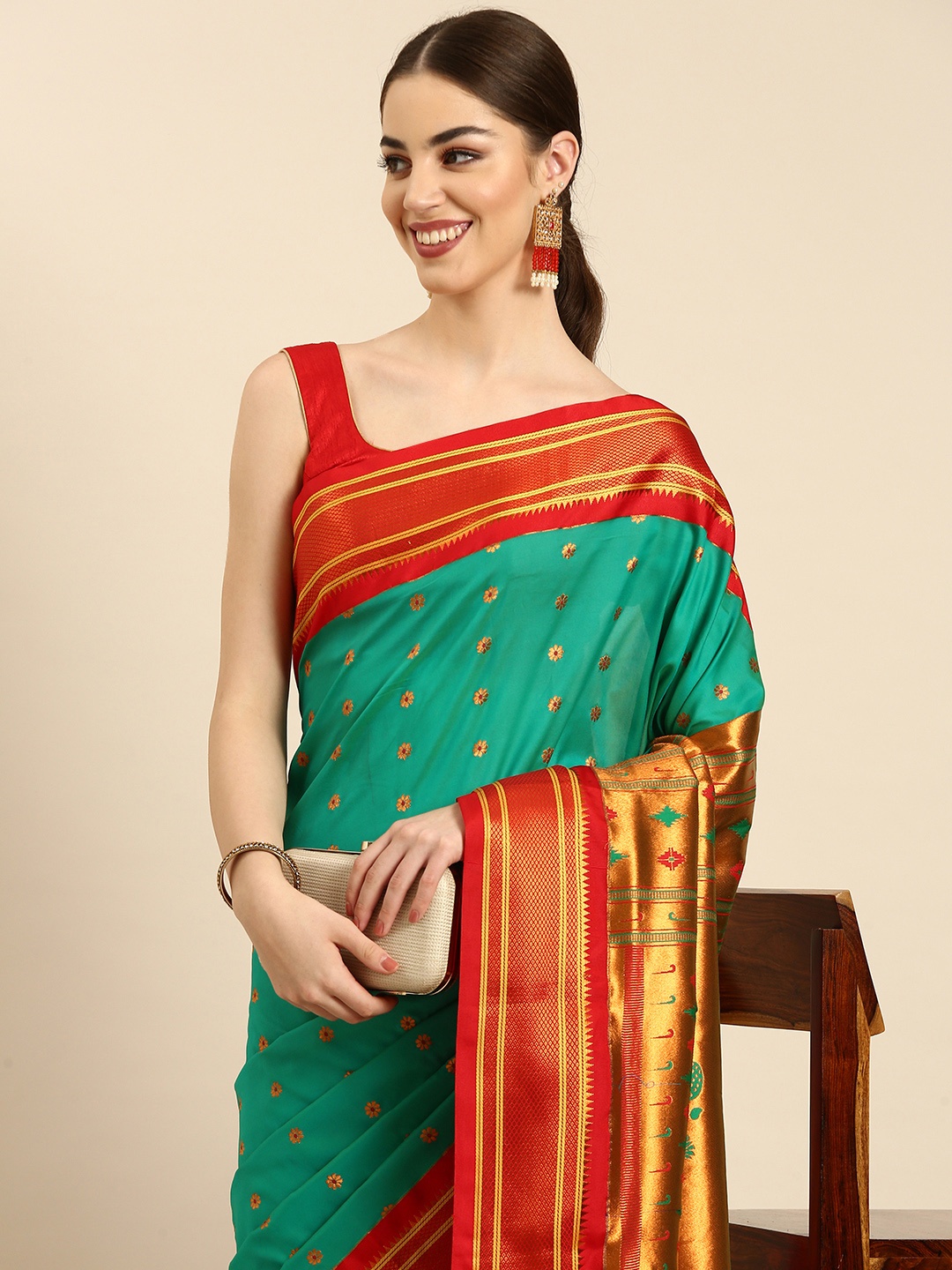 Varkala Silk Sarees Ethnic Motifs Zari Silk Blend Handloom Paithani Saree, Sea green
Varkala Silk Sarees Ethnic Motifs Zari Silk Blend Handloom Paithani Saree, Sea green