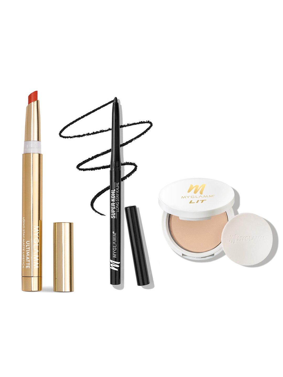 MyGlamm Super Kohl Kajal- Black + LIT Compact- Serving Face 01 + Ultimatte Lipstick-Trophy, Peach
MyGlamm Super Kohl Kajal- Black + LIT Compact- Serving Face 01 + Ultimatte Lipstick-Trophy, Peach