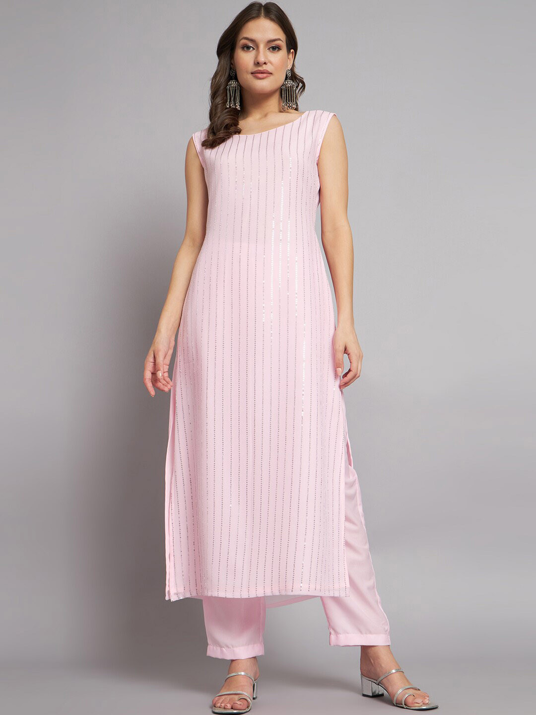 BLACK SCISSOR Sequinned Embroidered Layered Georgette Kurta With Trousers & Shrug, Pink
BLACK SCISSOR Sequinned Embroidered Layered Georgette Kurta With Trousers & Shrug, Pink