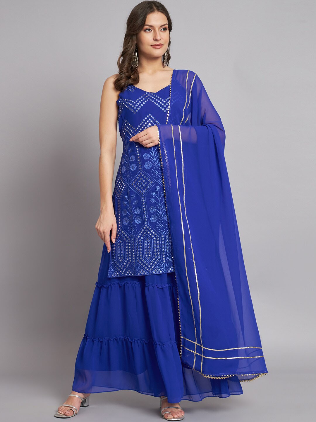BLACK SCISSOR Geometric Embroidered Mirror Work Georgette Kurta With Sharara & Dupatta, Blue
BLACK SCISSOR Geometric Embroidered Mirror Work Georgette Kurta With Sharara & Dupatta, Blue