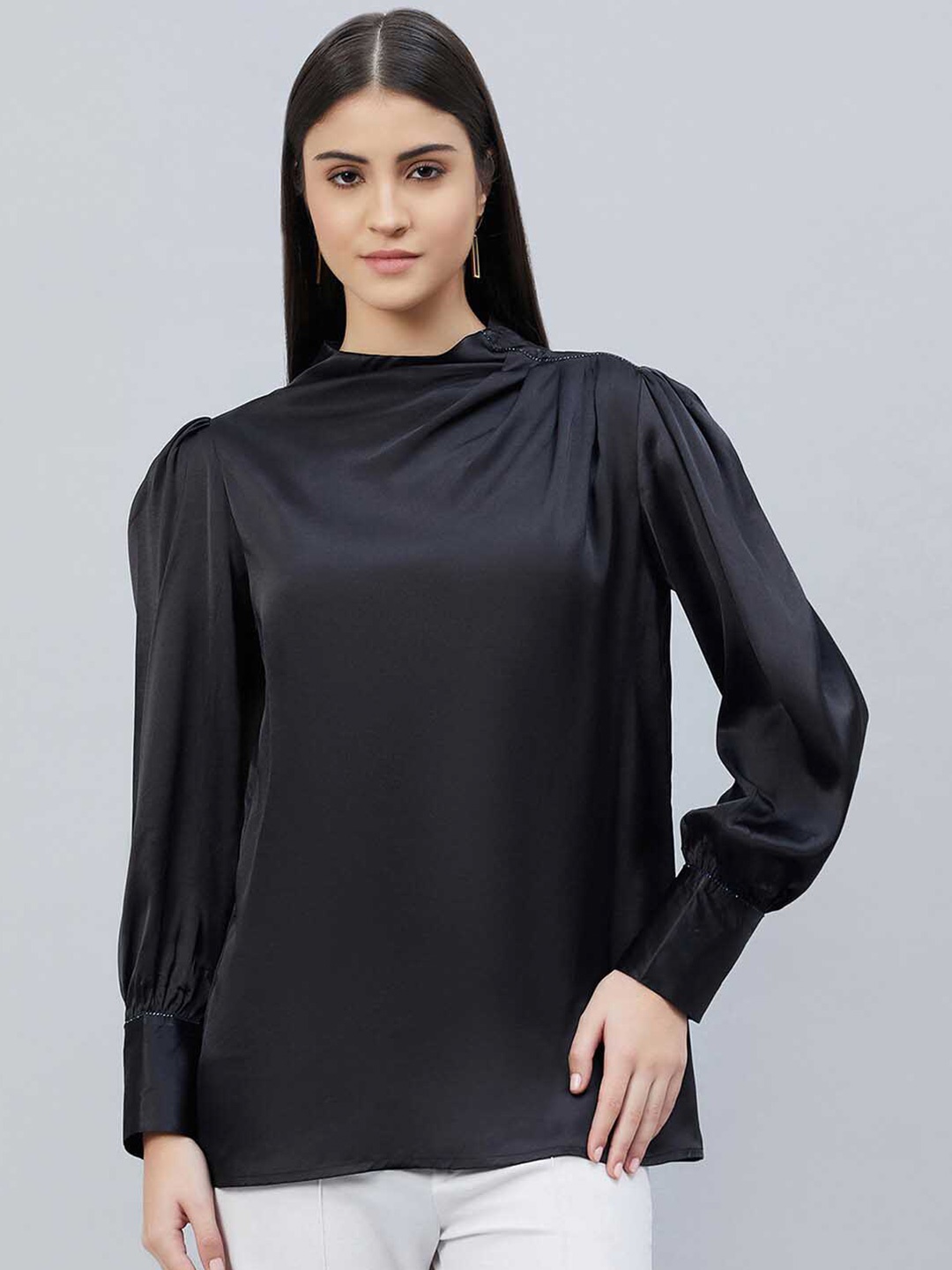 First Resort by Ramola Bachchan Classic Mock Neck Cuffed Sleeves Gathered Regular Top, Black
First Resort by Ramola Bachchan Classic Mock Neck Cuffed Sleeves Gathered Regular Top, Black