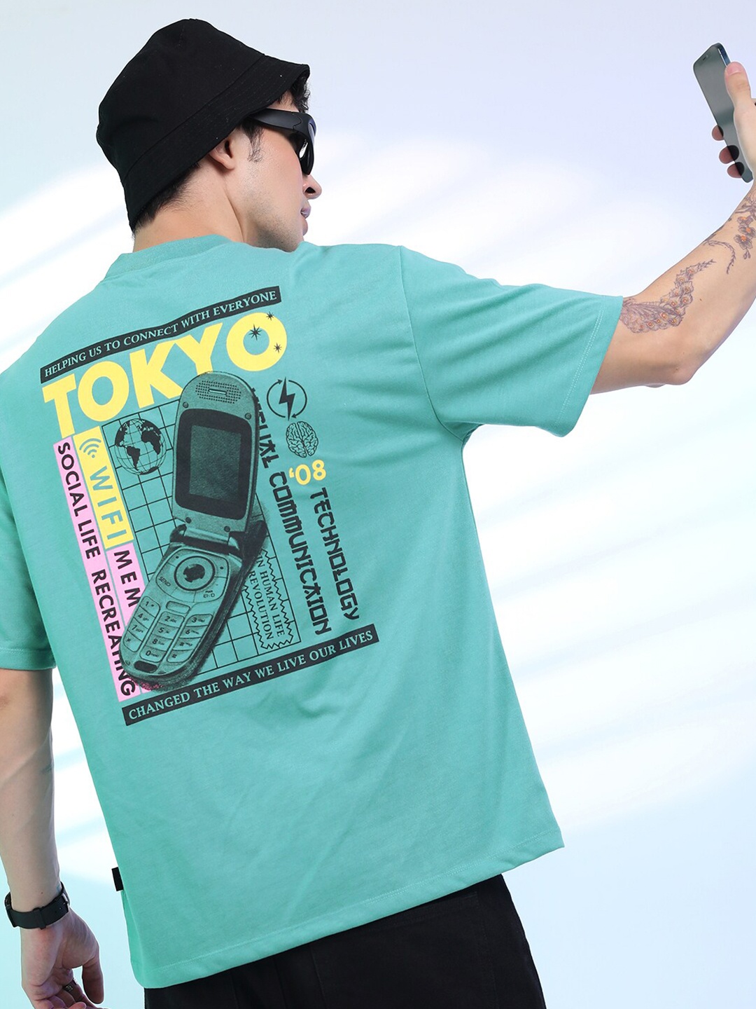 KETCH Men Sea Green Typography Printed Round Neck Oversized T-Shirt