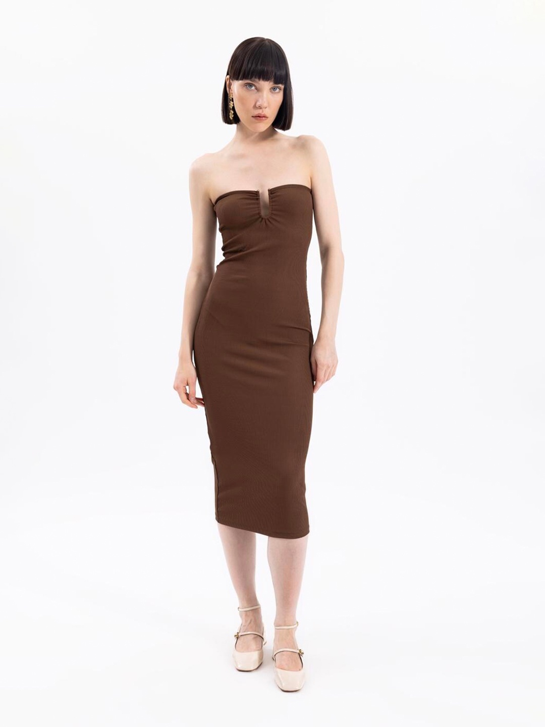PRET A TUER Off-Shoulder Bodycon Midi Dress, Brown