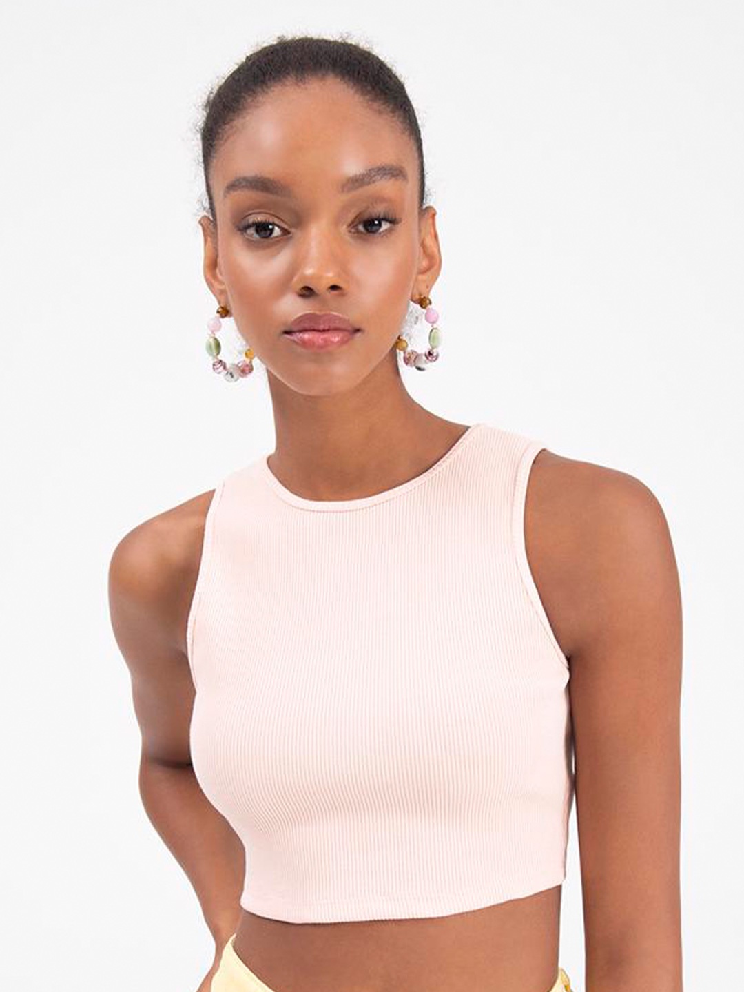 PRET A TUER Round Neck Tie-Ups Cotton Styled Back Crop Top, Pink
