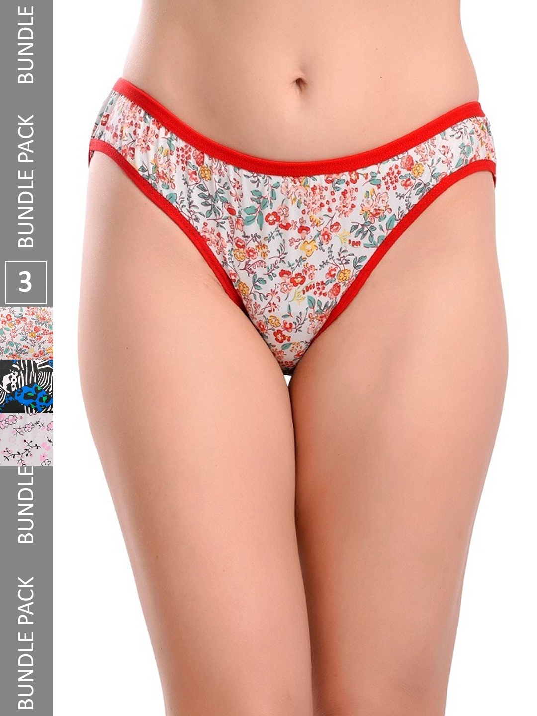 Fleurt Women Pack Of 3 Printed Assorted Cotton Hipster Briefs