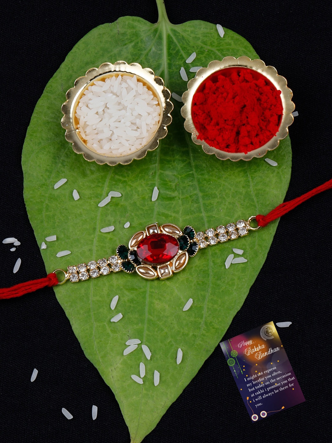 Silver Shine Unisex Set Of 2 Stone-Studded Rakhi With Roli Chawal & Greeting Card, Gold
Silver Shine Unisex Set Of 2 Stone-Studded Rakhi With Roli Chawal & Greeting Card, Gold