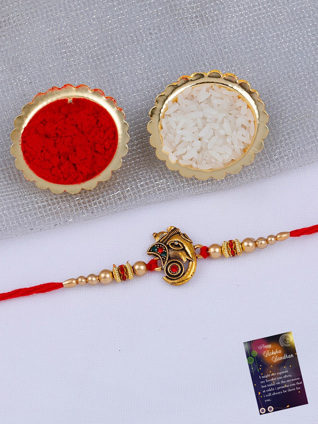 Silver Shine Unisex Set Of 2 Stone-Studded Thread Rakhi With Greeting Card & Roli Chawal, Red
Silver Shine Unisex Set Of 2 Stone-Studded Thread Rakhi With Greeting Card & Roli Chawal, Red