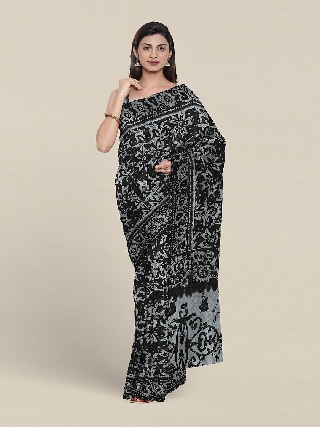 Pothys Floral Pure Cotton Saree, Black