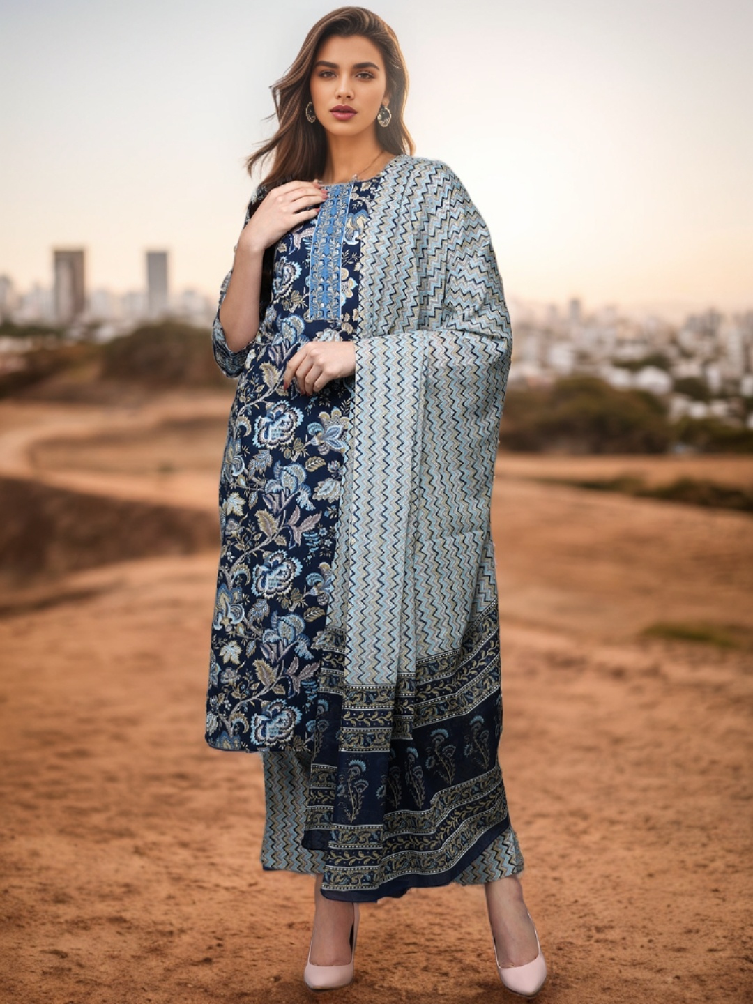 AHIKA Floral Printed Thread Work Pure Cotton Kurta With Trousers & Dupatta, Navy blue
AHIKA Floral Printed Thread Work Pure Cotton Kurta With Trousers & Dupatta, Navy blue