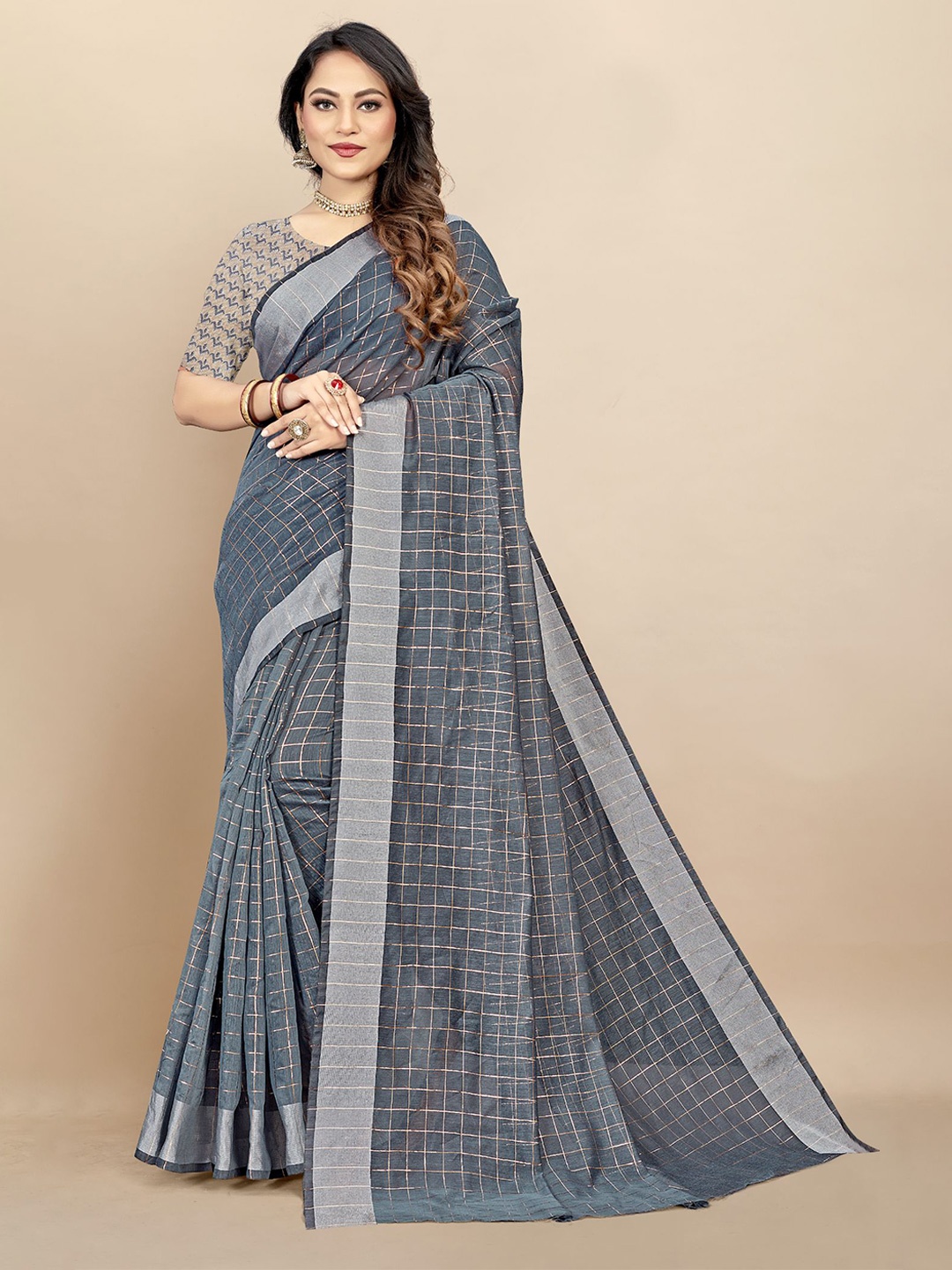 Dori Checked Zari Pure Cotton Saree, Grey
