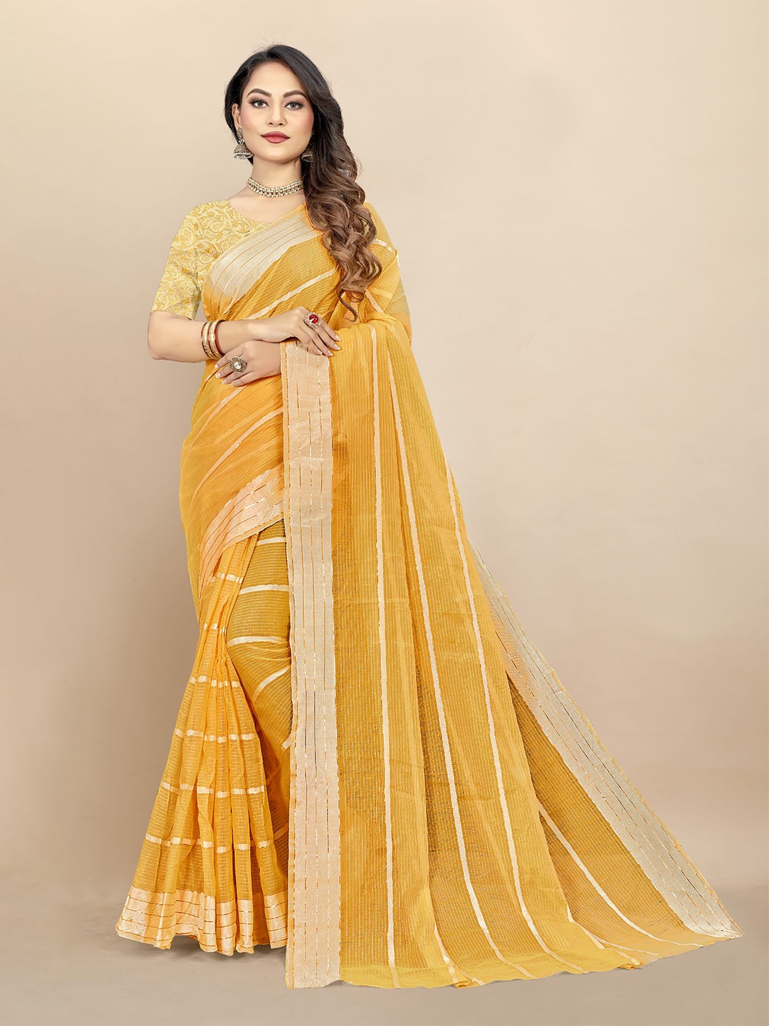 Dori Striped Zari Pure Cotton Saree, Mustard