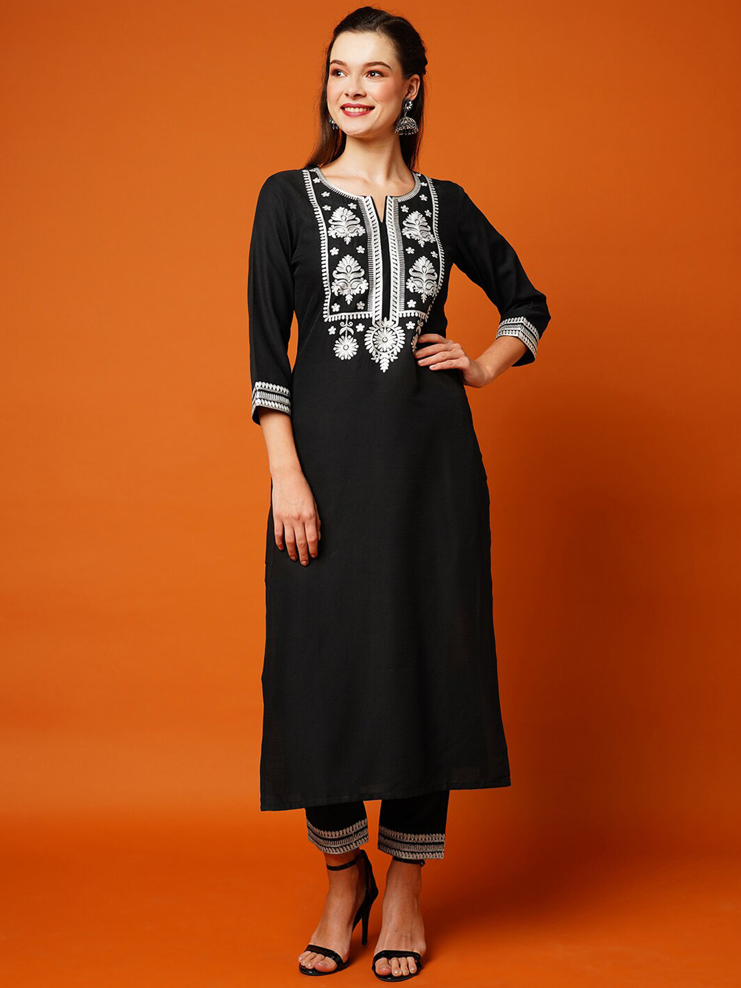 KALINI Ethnic Motifs Embroidered Regular Thread Work Kurta With Trousers, Black
KALINI Ethnic Motifs Embroidered Regular Thread Work Kurta With Trousers, Black