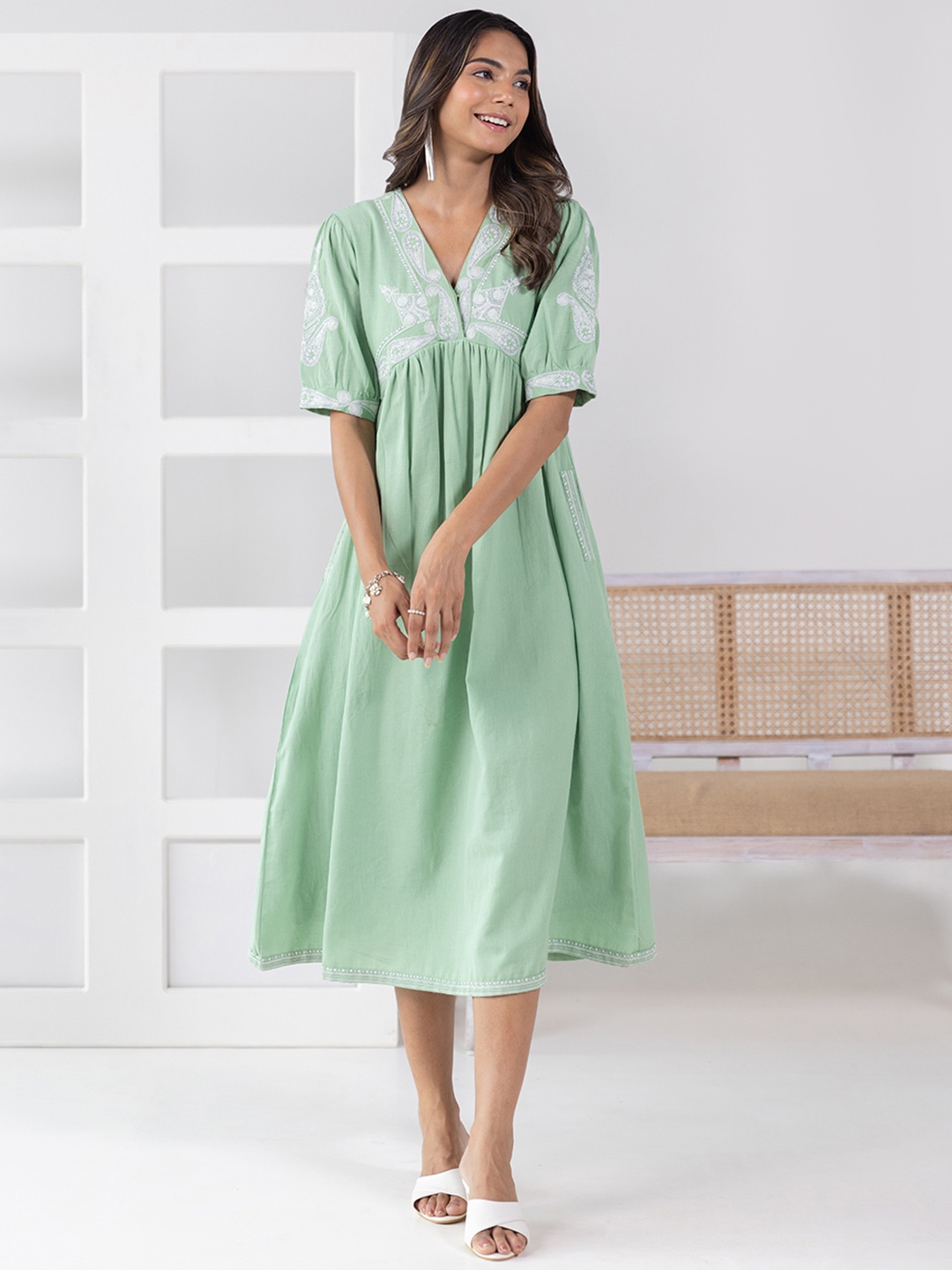 Aadews V-Neck Puff Sleeves Ethnic Motifs Embroidered Pleated Cotton Empire Midi Dress, Green
Aadews V-Neck Puff Sleeves Ethnic Motifs Embroidered Pleated Cotton Empire Midi Dress, Green
