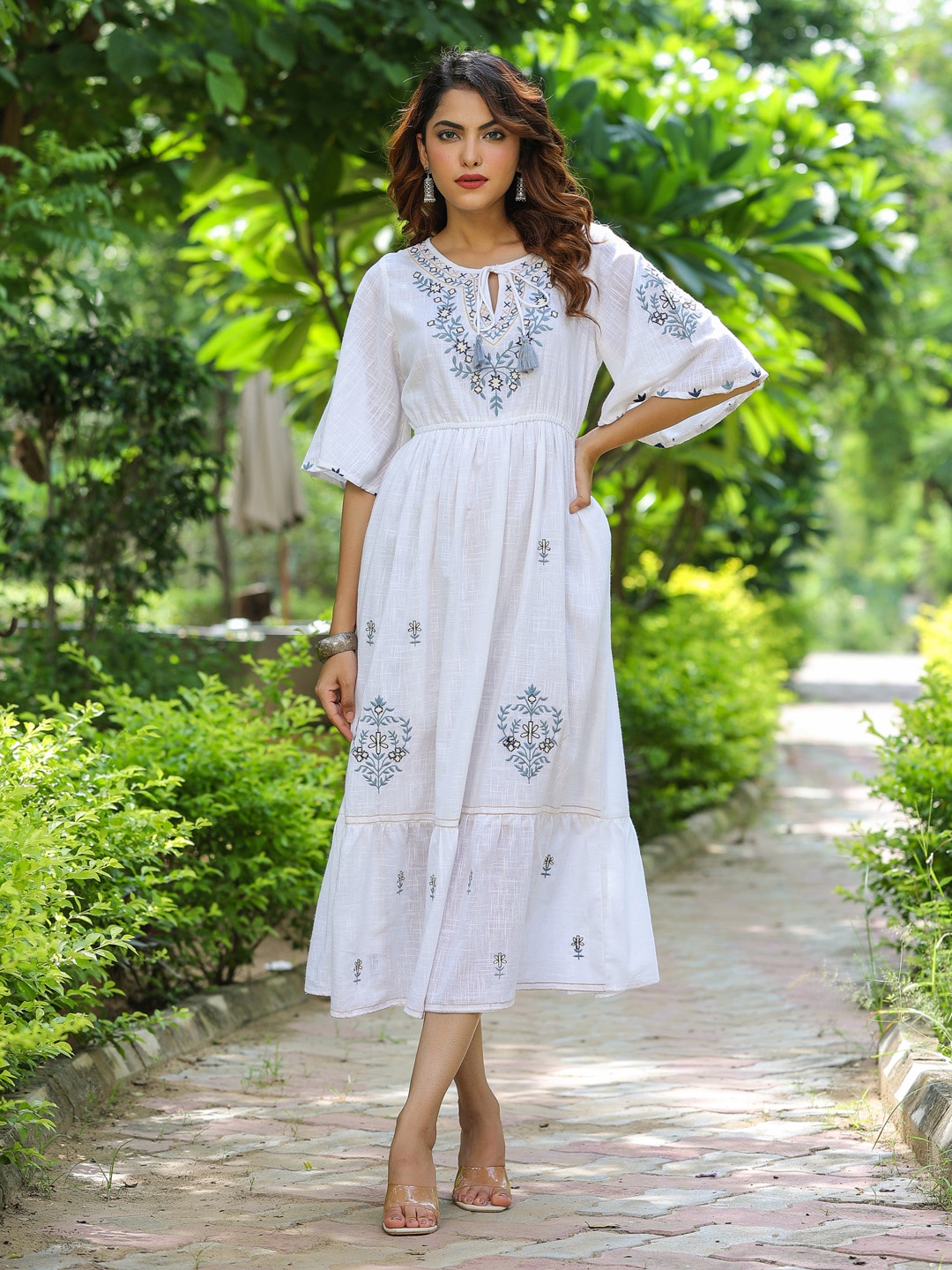 Aadews Flared Sleeve A-Line Midi Dress, White
