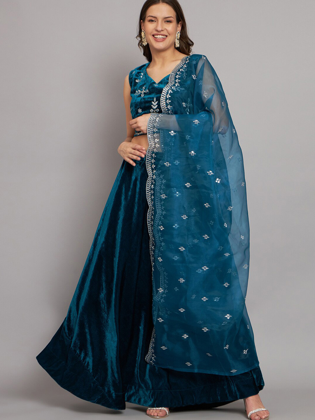 BLACK SCISSOR Floral Embroidered Thread Work Ready to Wear Lehenga & Blouse With Dupatta, Teal
BLACK SCISSOR Floral Embroidered Thread Work Ready to Wear Lehenga & Blouse With Dupatta, Teal