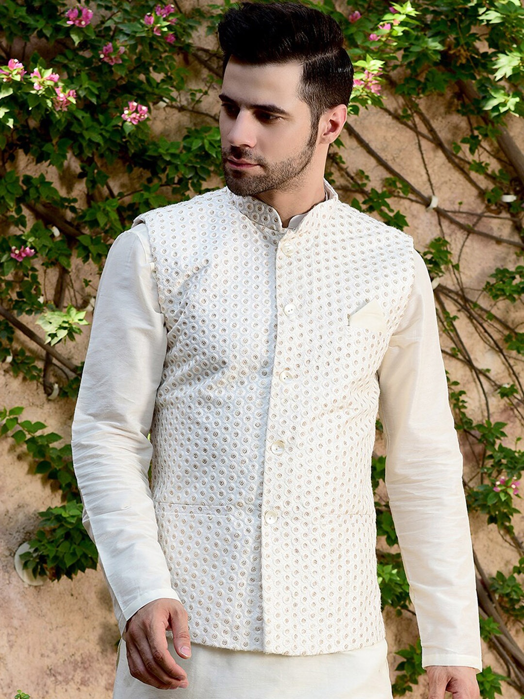 HOUSE OF DEYANN Embroidered Mandarin Collar Nehru Jackets, Off white
