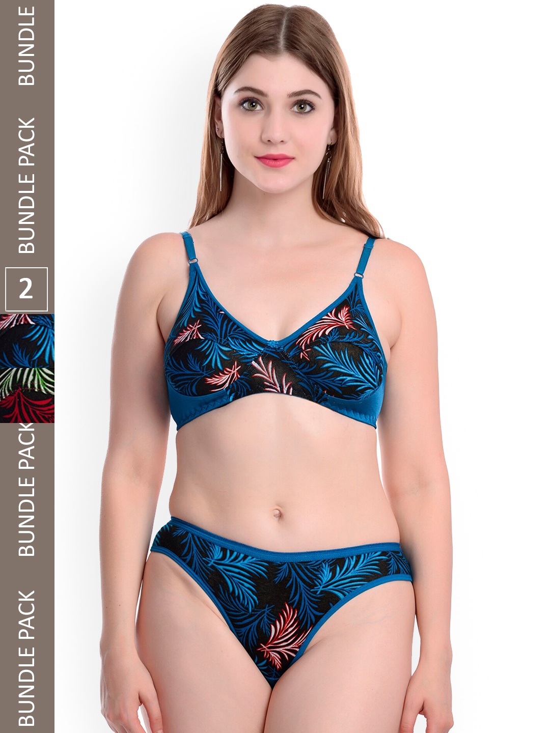 PIBU Pack Of 2 Printed Mid Rise Cotton Lingerie Set, Red