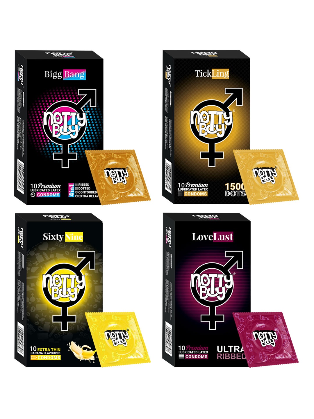 noTTy Boy Men Set of SixtyNine + BiggBang + LoveLust + TickLing Condoms - 10 pcs each, Multi
noTTy Boy Men Set of SixtyNine + BiggBang + LoveLust + TickLing Condoms - 10 pcs each, Multi