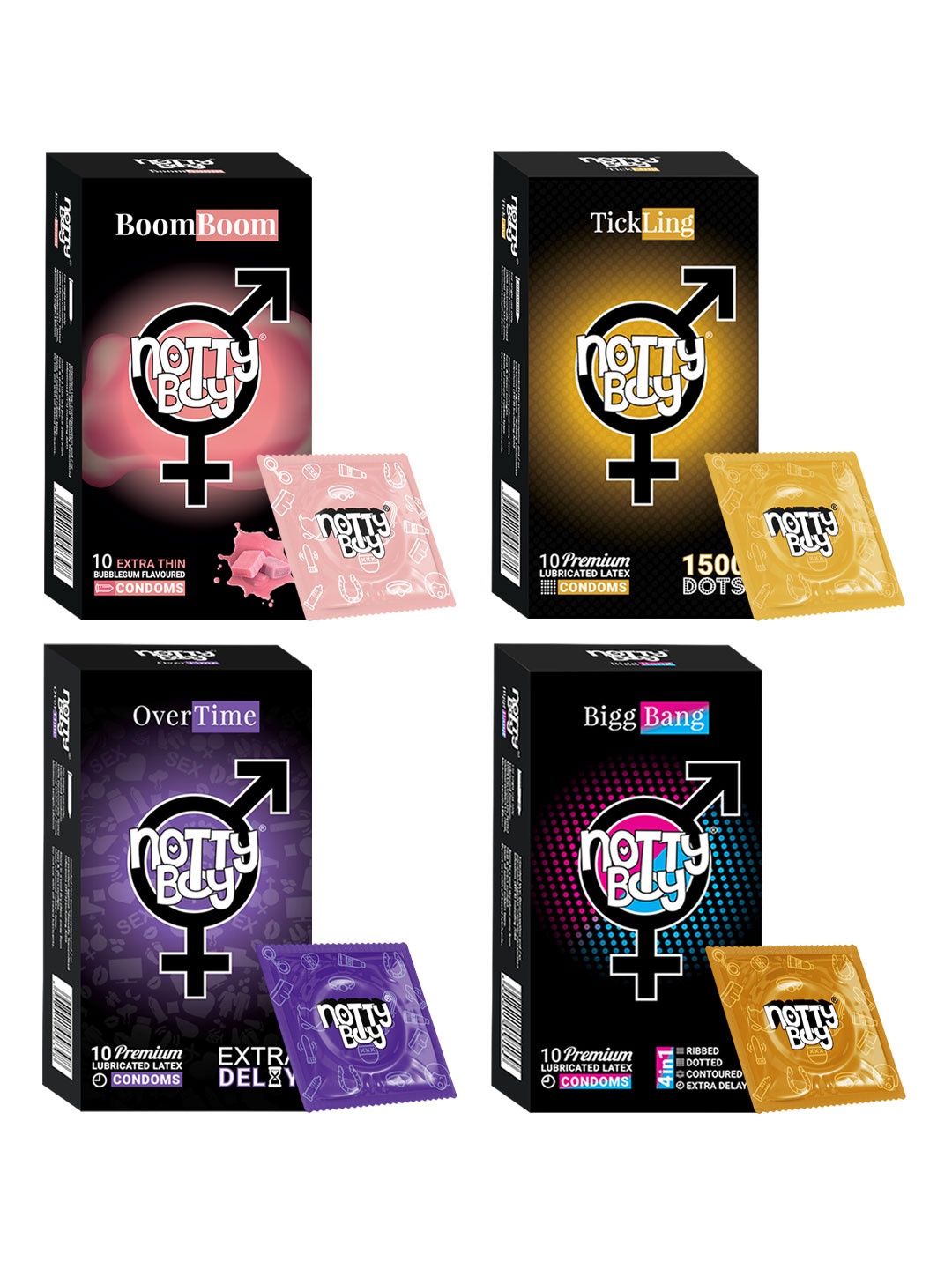 noTTy Boy Men Set of BoomBoom + BiggBang + OverTime + TickLing Condoms - 10 pcs each, Multi
noTTy Boy Men Set of BoomBoom + BiggBang + OverTime + TickLing Condoms - 10 pcs each, Multi
