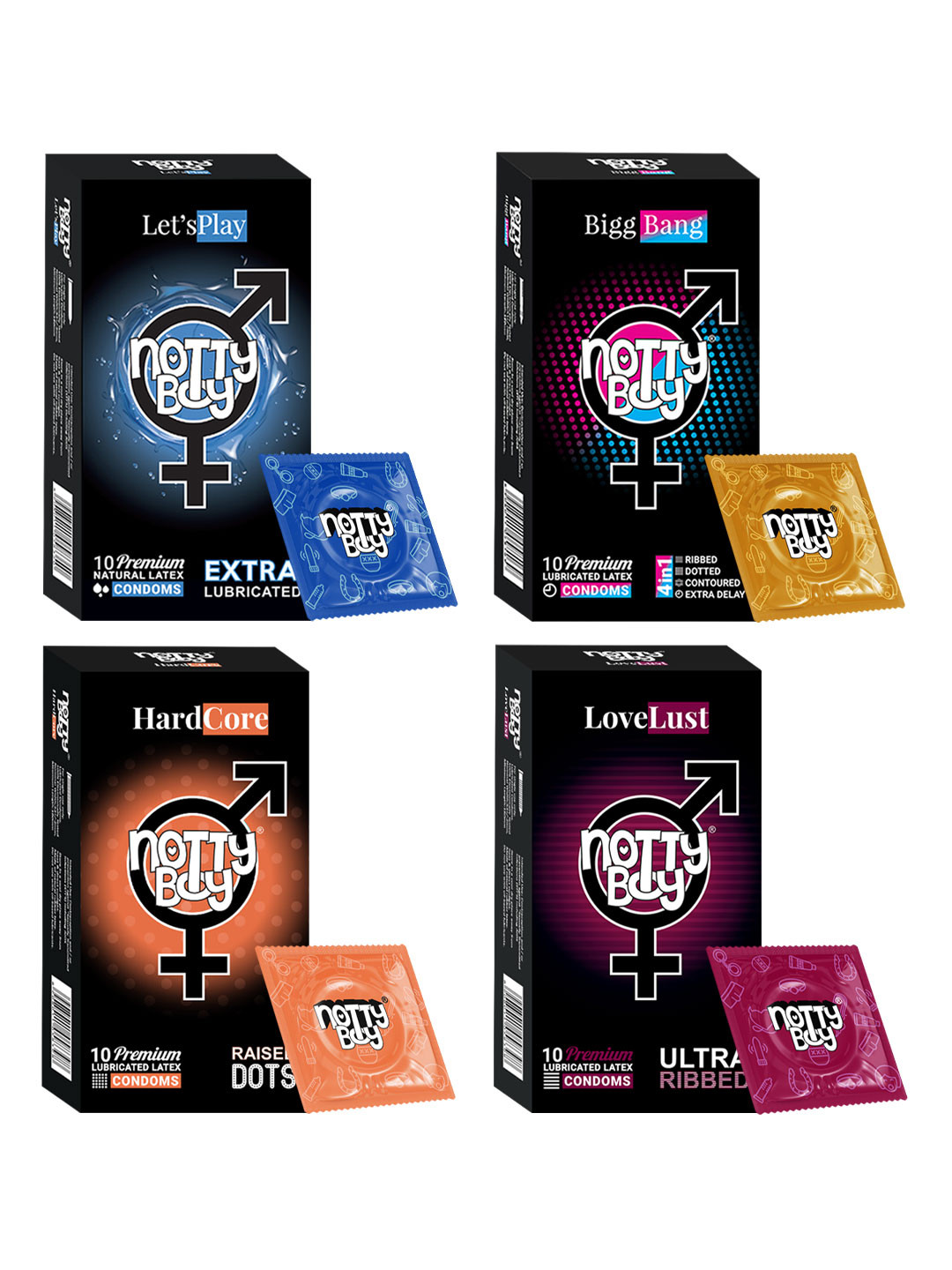noTTy Boy Men Set of HardCore + BiggBang + LoveLust + LetsPlay Condoms - 10 pcs each, Multi
noTTy Boy Men Set of HardCore + BiggBang + LoveLust + LetsPlay Condoms - 10 pcs each, Multi
