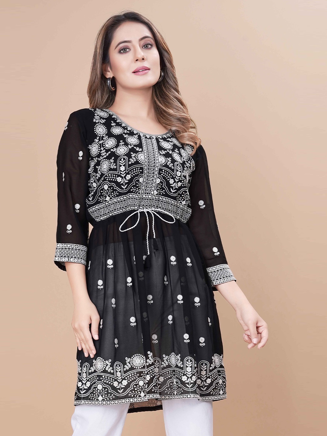WEAVETECH IMPEX Black Heavy Embroderied & Sequin Work Longline Pure Georgette Pleated Top
WEAVETECH IMPEX Black Heavy Embroderied & Sequin Work Longline Pure Georgette Pleated Top