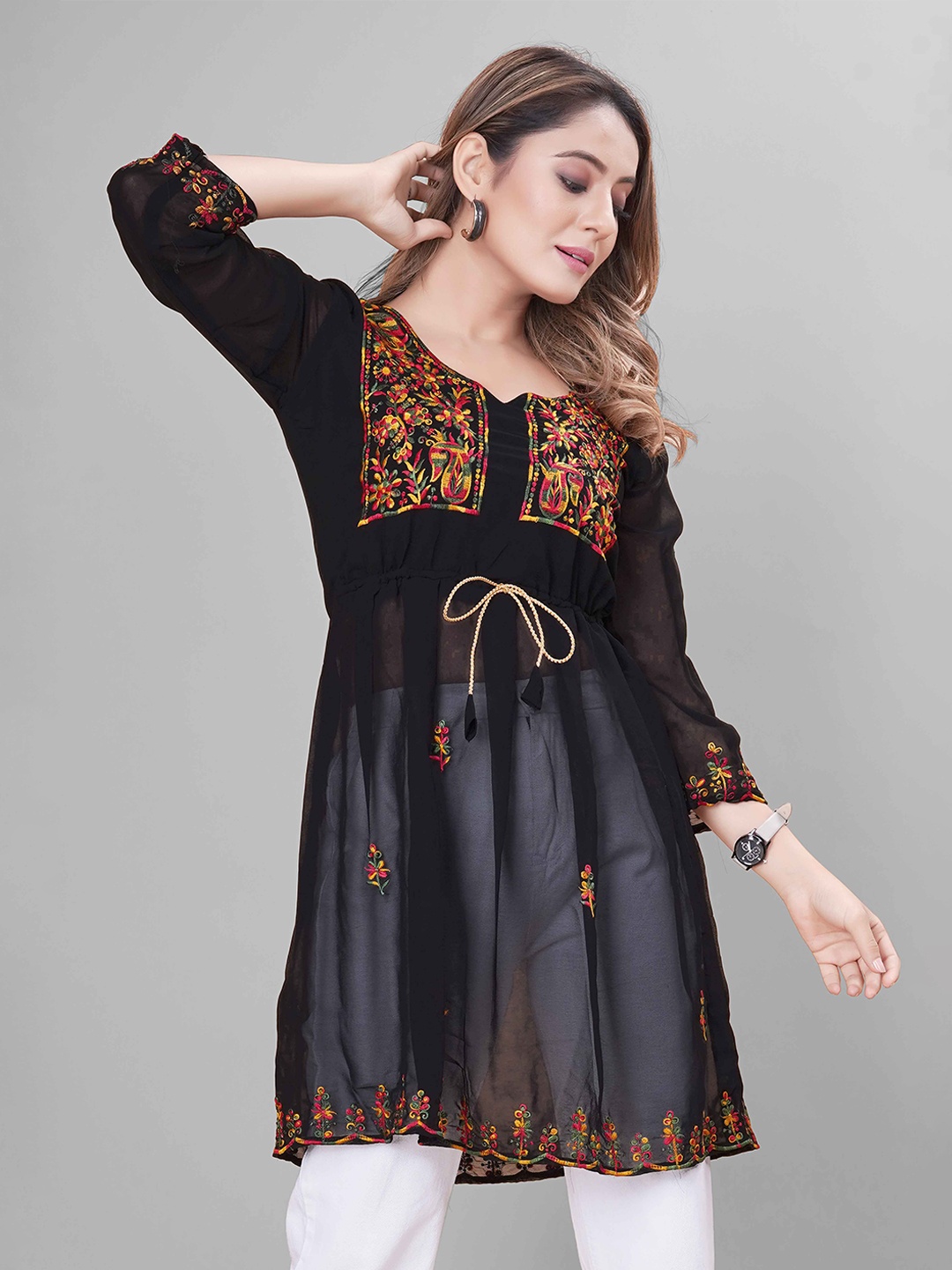 WEAVETECH IMPEX Multicolour Heavy Embroderied Work Longline Pure Georgette Pleated Top, Black
WEAVETECH IMPEX Multicolour Heavy Embroderied Work Longline Pure Georgette Pleated Top, Black