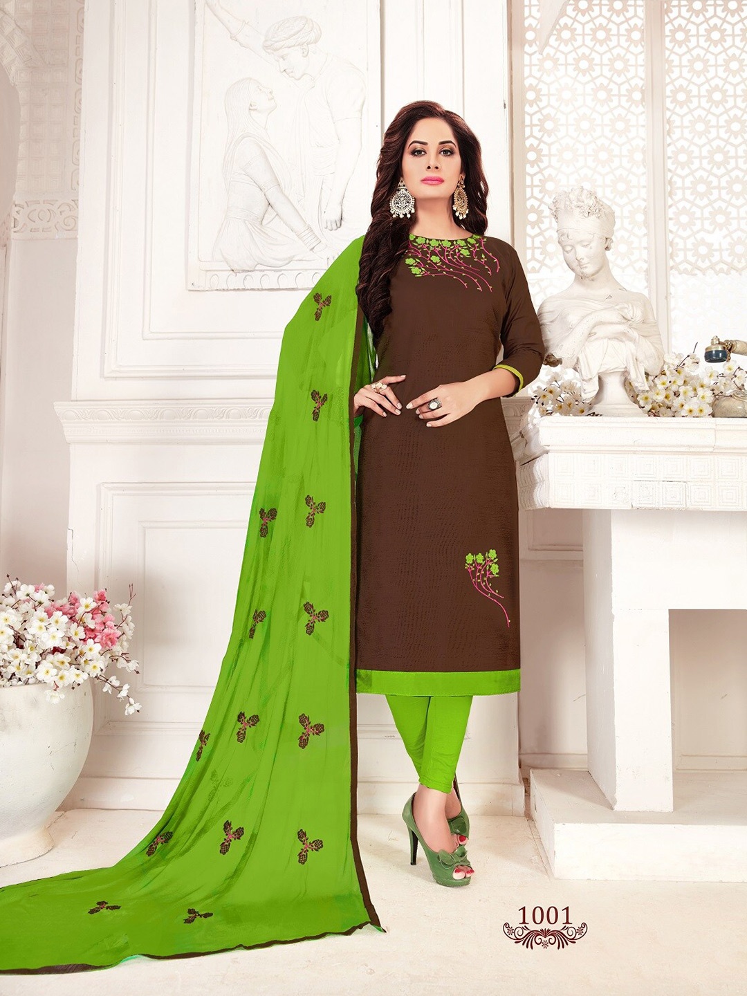 APNISHA Floral Embroidered Unstitched Dress Material, Brown