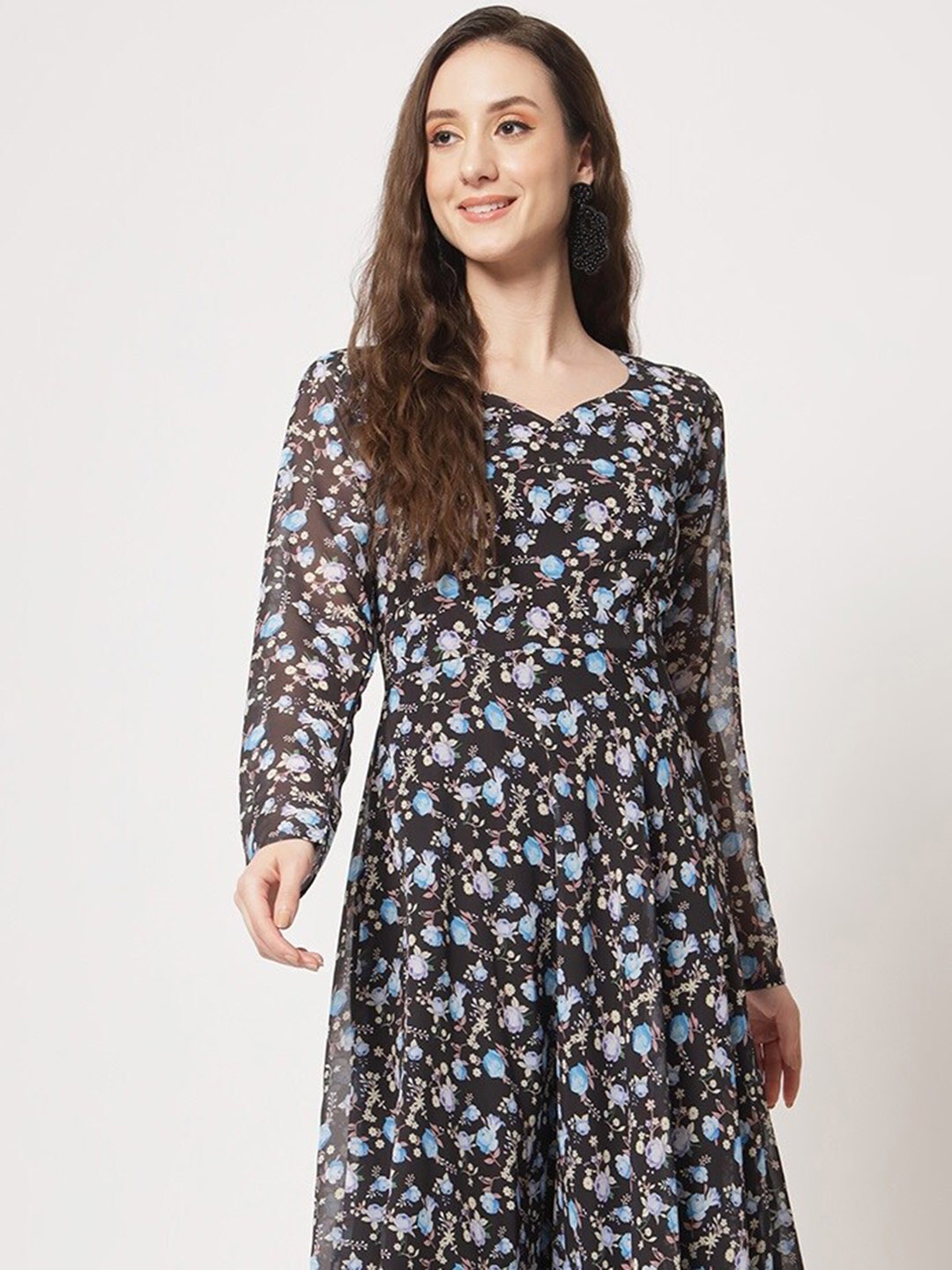 KALINI Floral Printed Fit & Flared Dress, Black