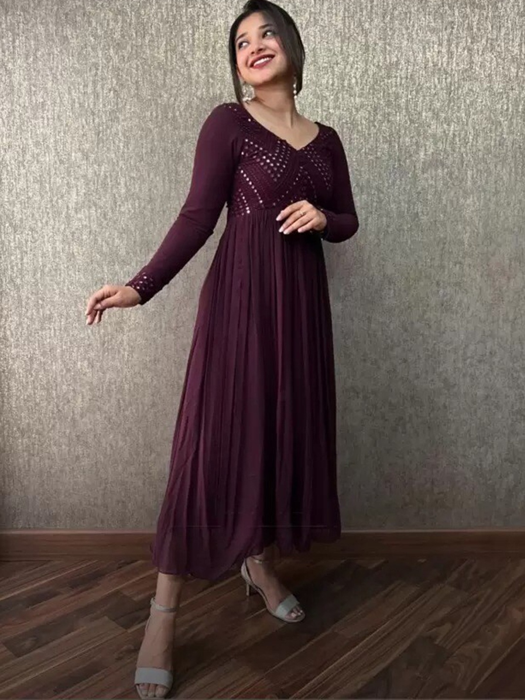 KALINI Embroidered Mirror Work & Gathered Georgette Fit & Flare Ethnic Dress, Burgundy
KALINI Embroidered Mirror Work & Gathered Georgette Fit & Flare Ethnic Dress, Burgundy