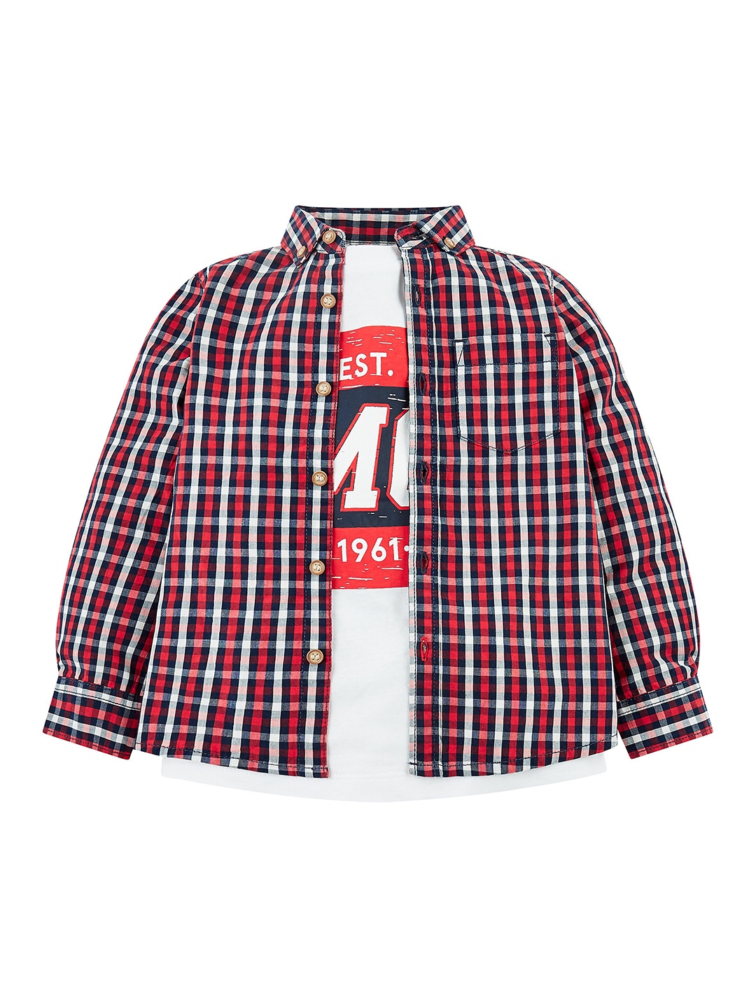 mothercare Boys Gingham Checked Button Down Collar Pure Cotton Shirt With Printed T-Shirt, Red
mothercare Boys Gingham Checked Button Down Collar Pure Cotton Shirt With Printed T-Shirt, Red