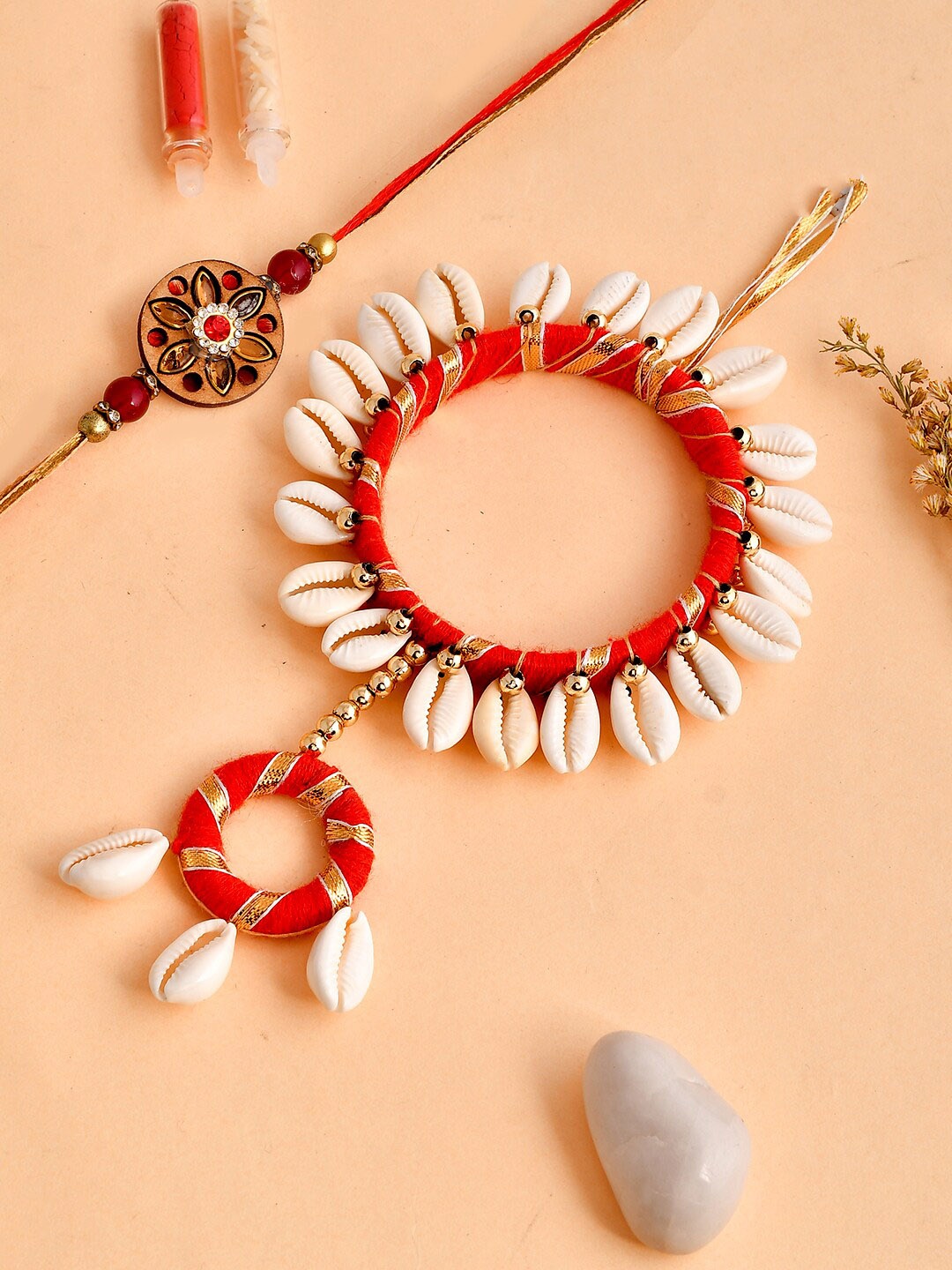 Shoshaa Unisex Set Of 2 Studded Rakhi & Lumba Bangle With Roli Chawal & Greeting Card, Red
Shoshaa Unisex Set Of 2 Studded Rakhi & Lumba Bangle With Roli Chawal & Greeting Card, Red