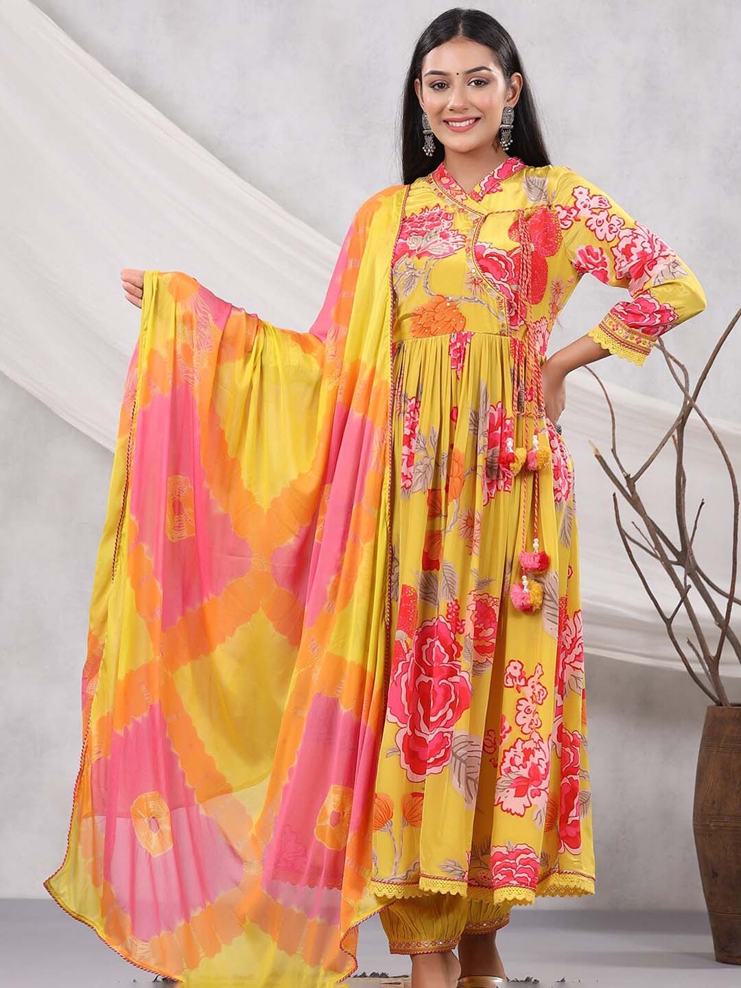 PRATAP SONS Floral Printed Angrakha Mirror Work Kurta with Trousers & With Dupatta, Mustard
PRATAP SONS Floral Printed Angrakha Mirror Work Kurta with Trousers & With Dupatta, Mustard