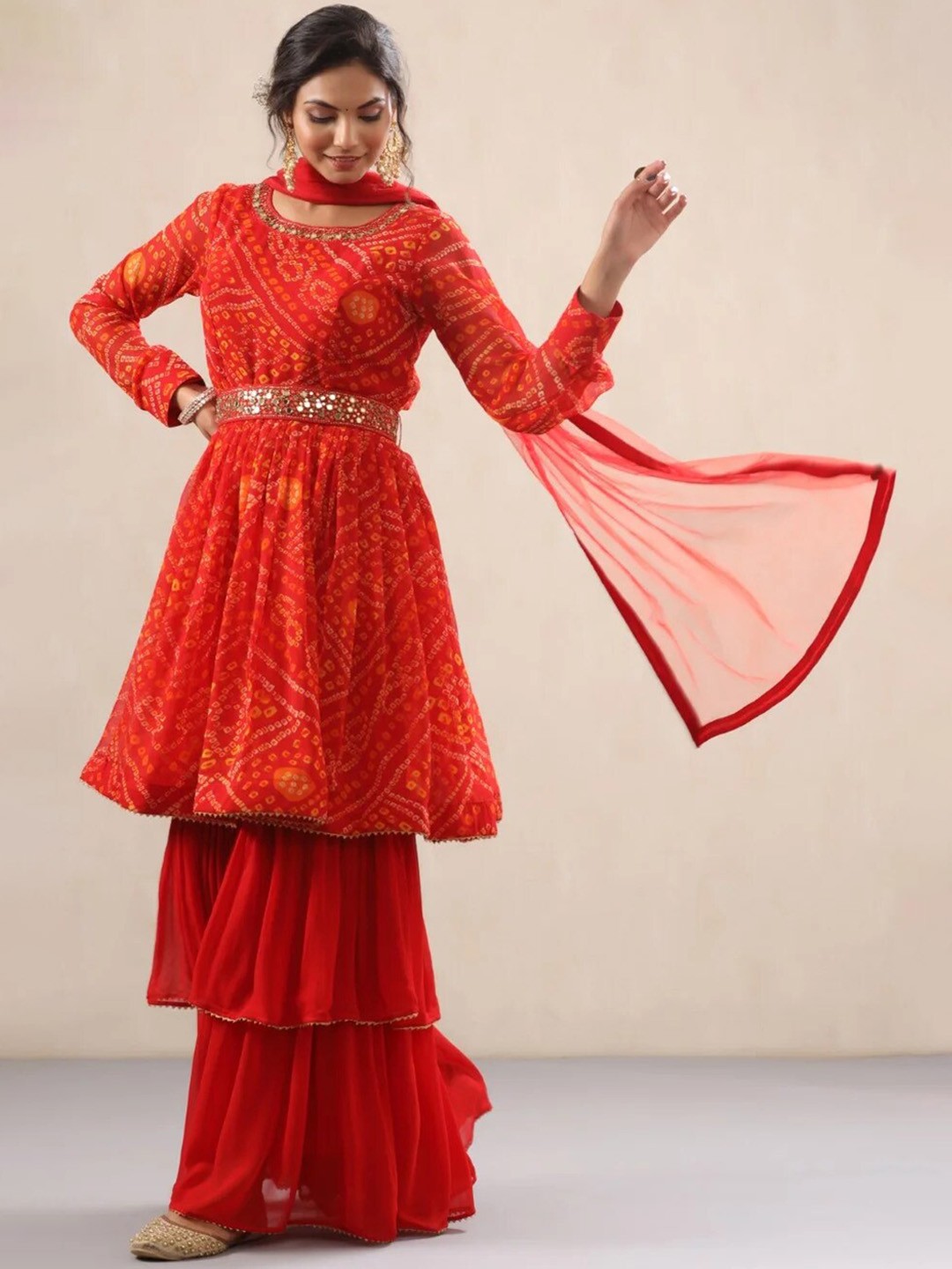 PRATAP SONS Bandhani Printed Mirror Work Silk Georgette Kurta With Sharara & With Dupatta, Red
PRATAP SONS Bandhani Printed Mirror Work Silk Georgette Kurta With Sharara & With Dupatta, Red
