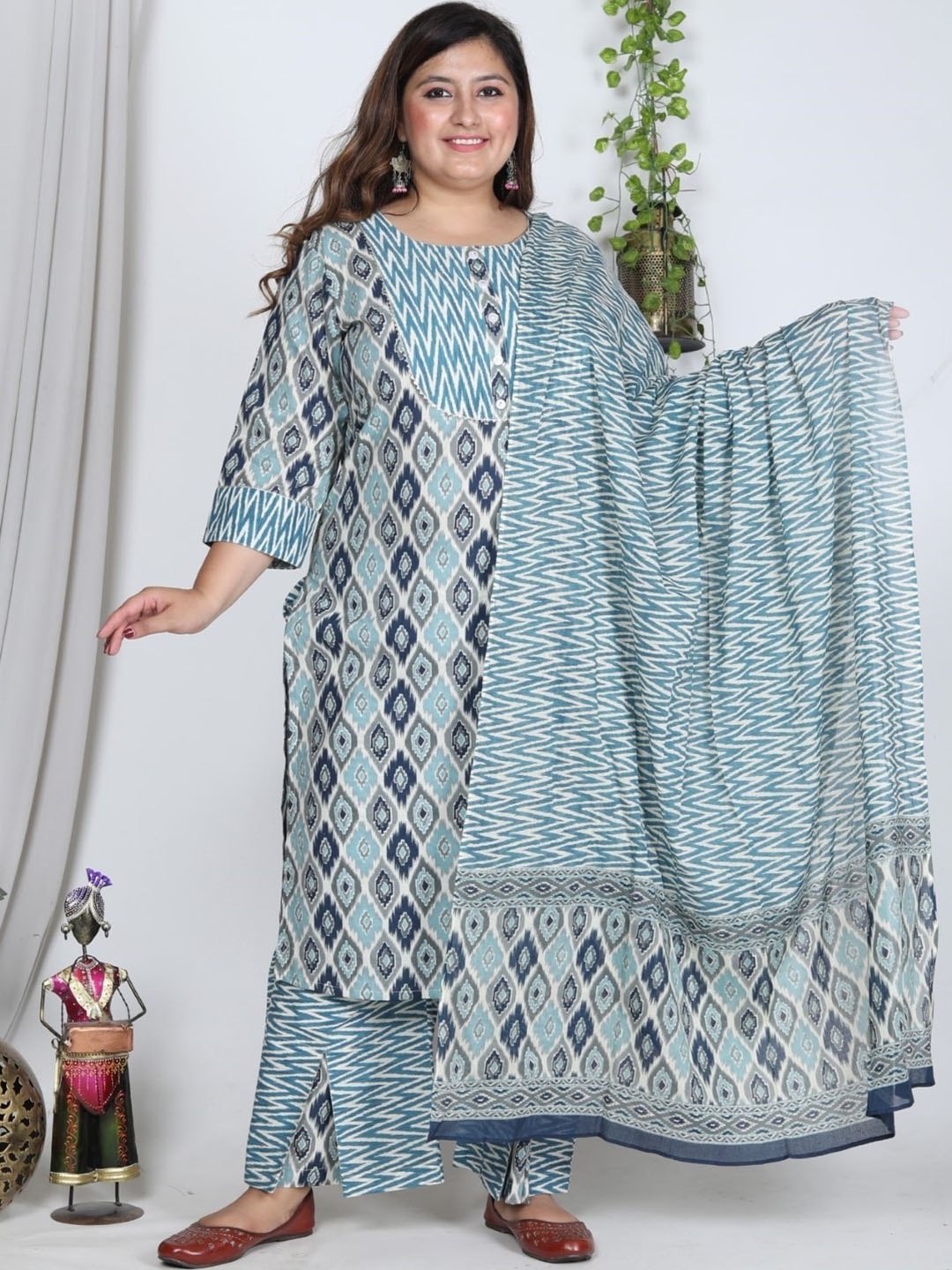 Swasti Ethnic Motifs Printed Sequinned Pure Cotton Kurta with Trousers & Dupatta, Blue
Swasti Ethnic Motifs Printed Sequinned Pure Cotton Kurta with Trousers & Dupatta, Blue