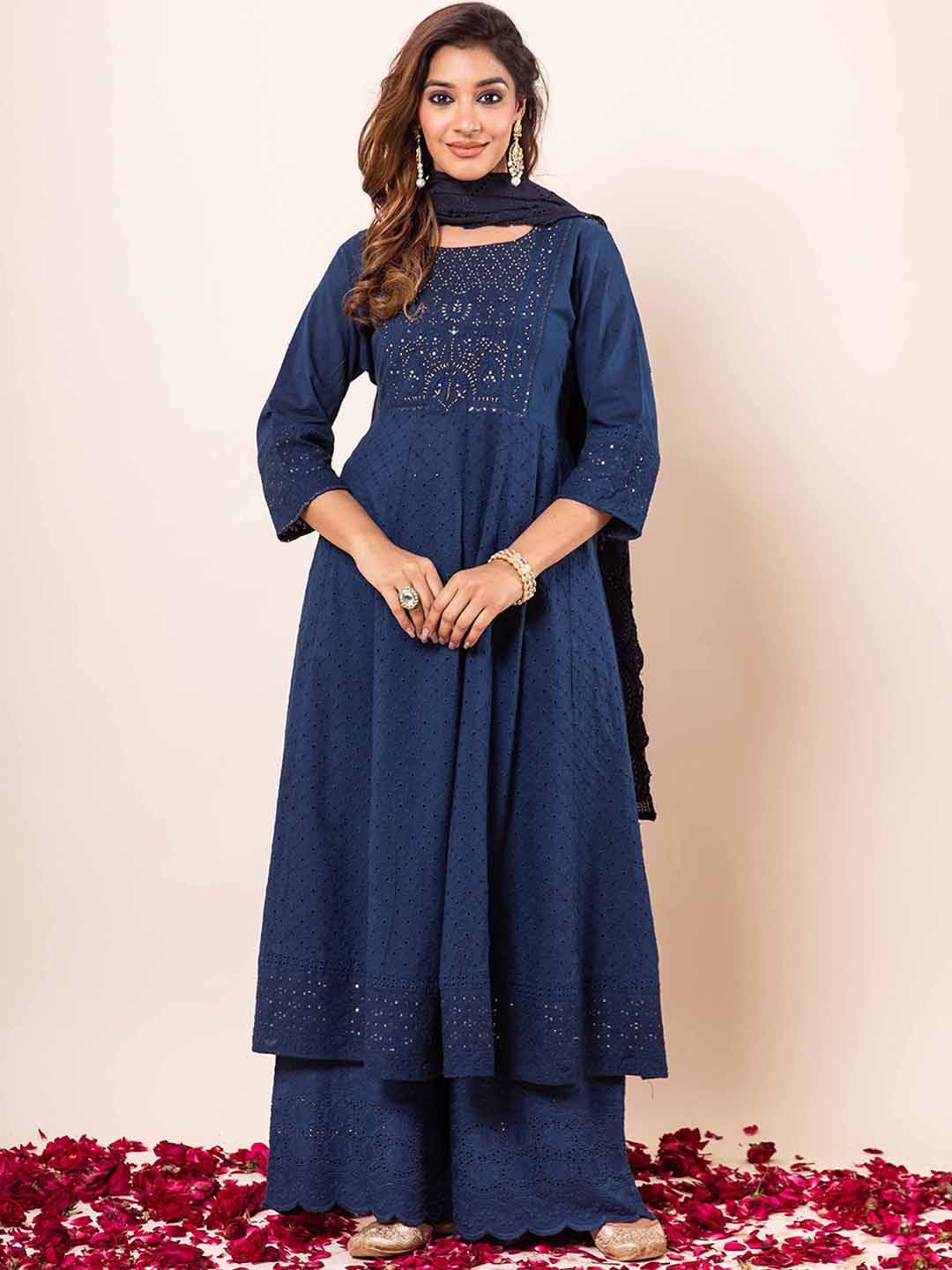 Nehamta Ethnic Motifs Embroidered A-Line Pure Cotton Kurta & Palazzos With Dupatta, Navy blue
Nehamta Ethnic Motifs Embroidered A-Line Pure Cotton Kurta & Palazzos With Dupatta, Navy blue