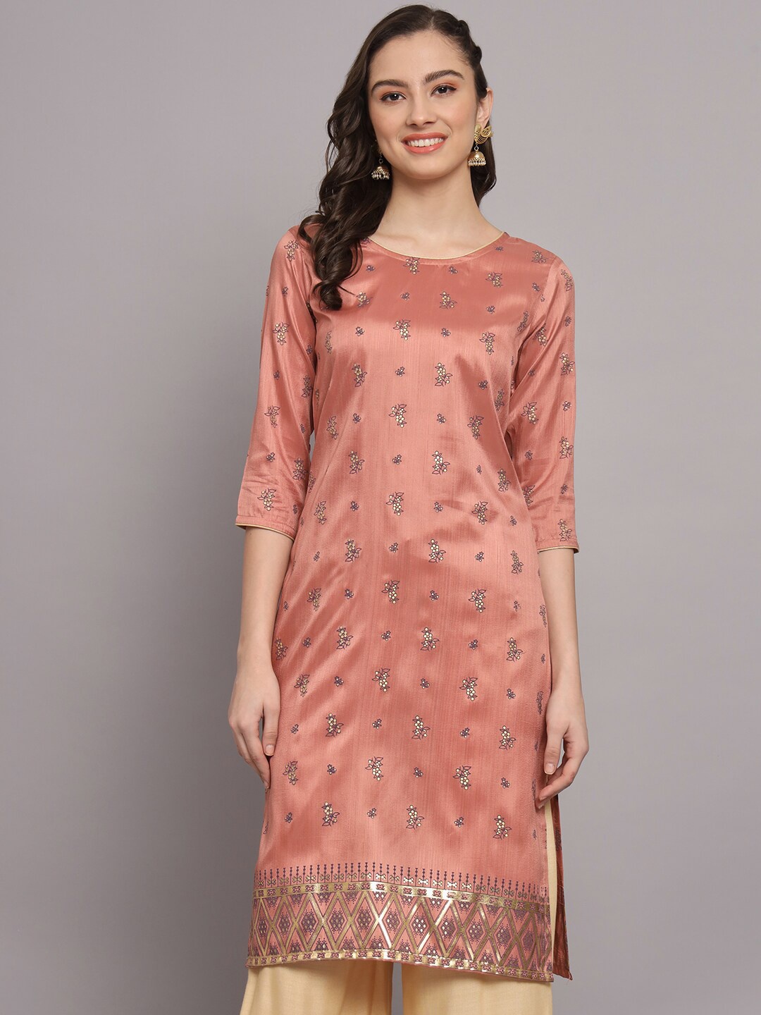 KALINI Floral Printed Silk Straight Kurta, Peach